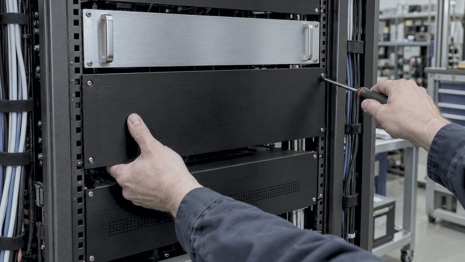 Hands fitting a black anodized front panel into an equipment rack with a screwdriver