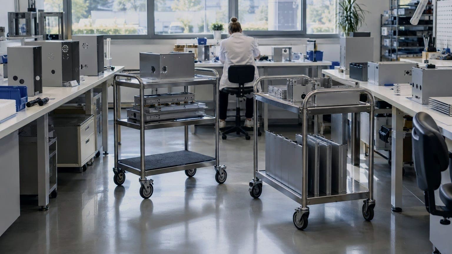 Two stainless carts with lipped shelves between the benches of a bright device assembly lab, a technician working at the far bench