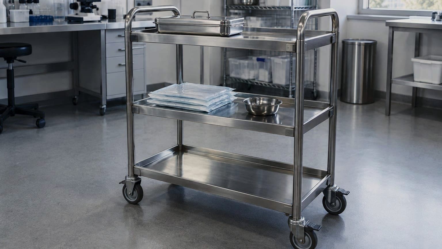 A stainless instrument cart with three lipped shelves in a device lab, an instrument tray and sterile pouches on board