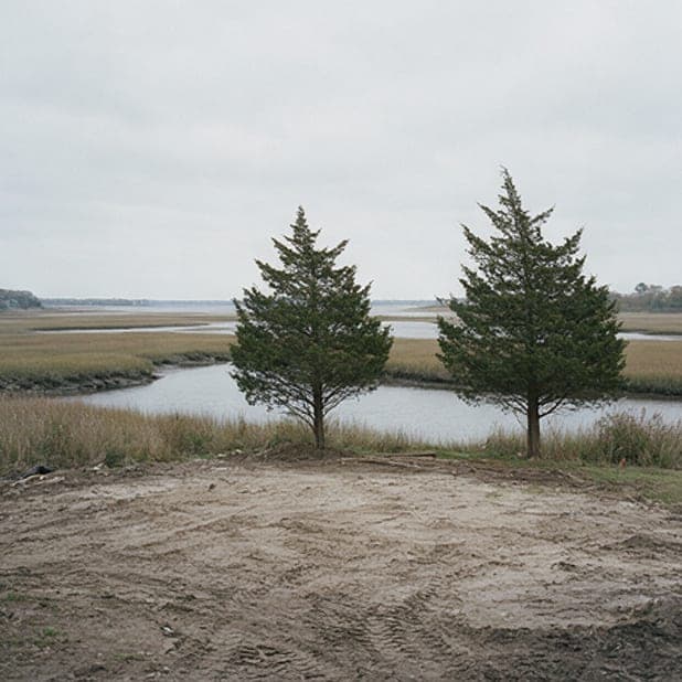 Creek House, week 1: the site cleared, two red cedars kept by the marsh.