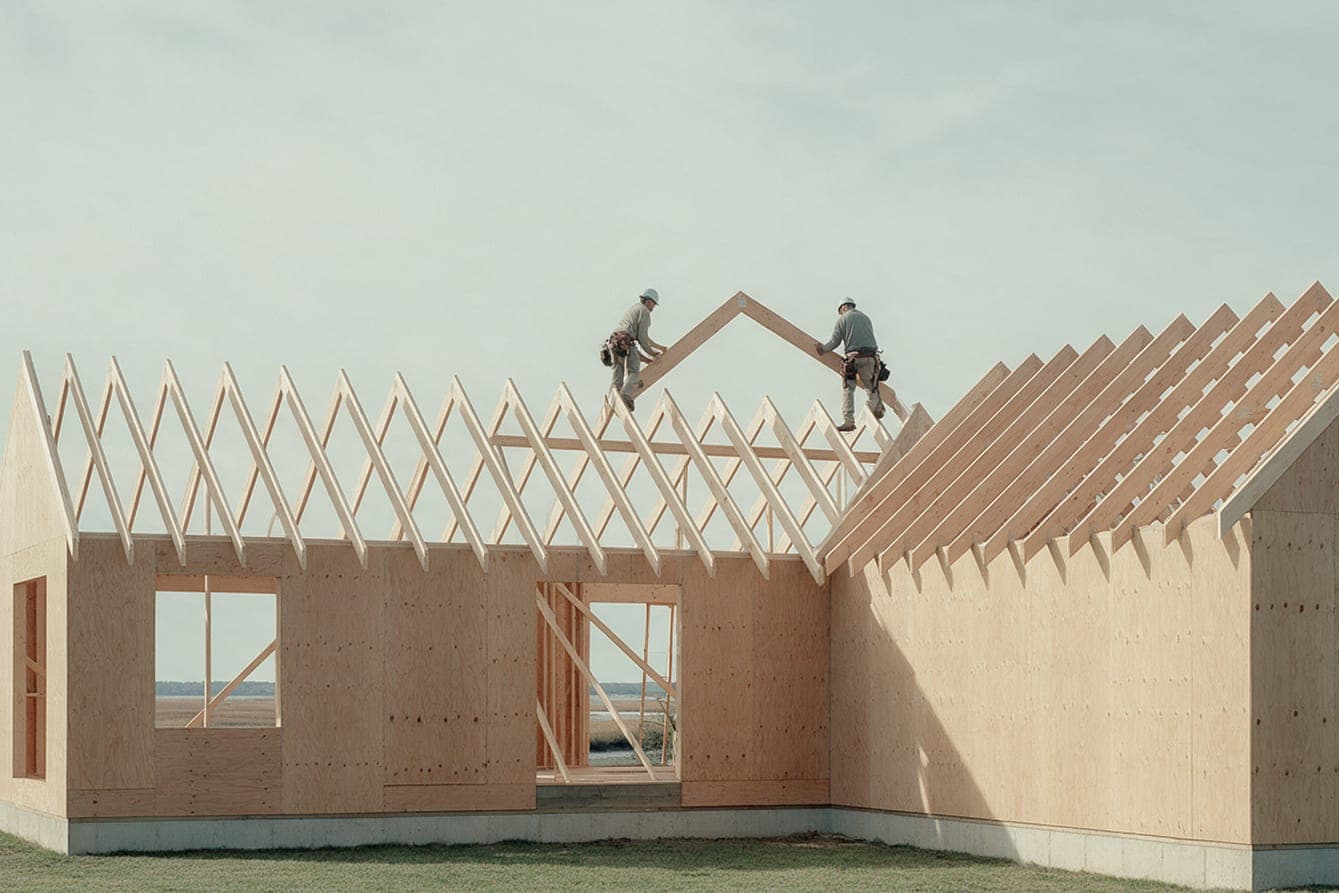 Two carpenters on the ridge of Creek House setting the last rafter pair.