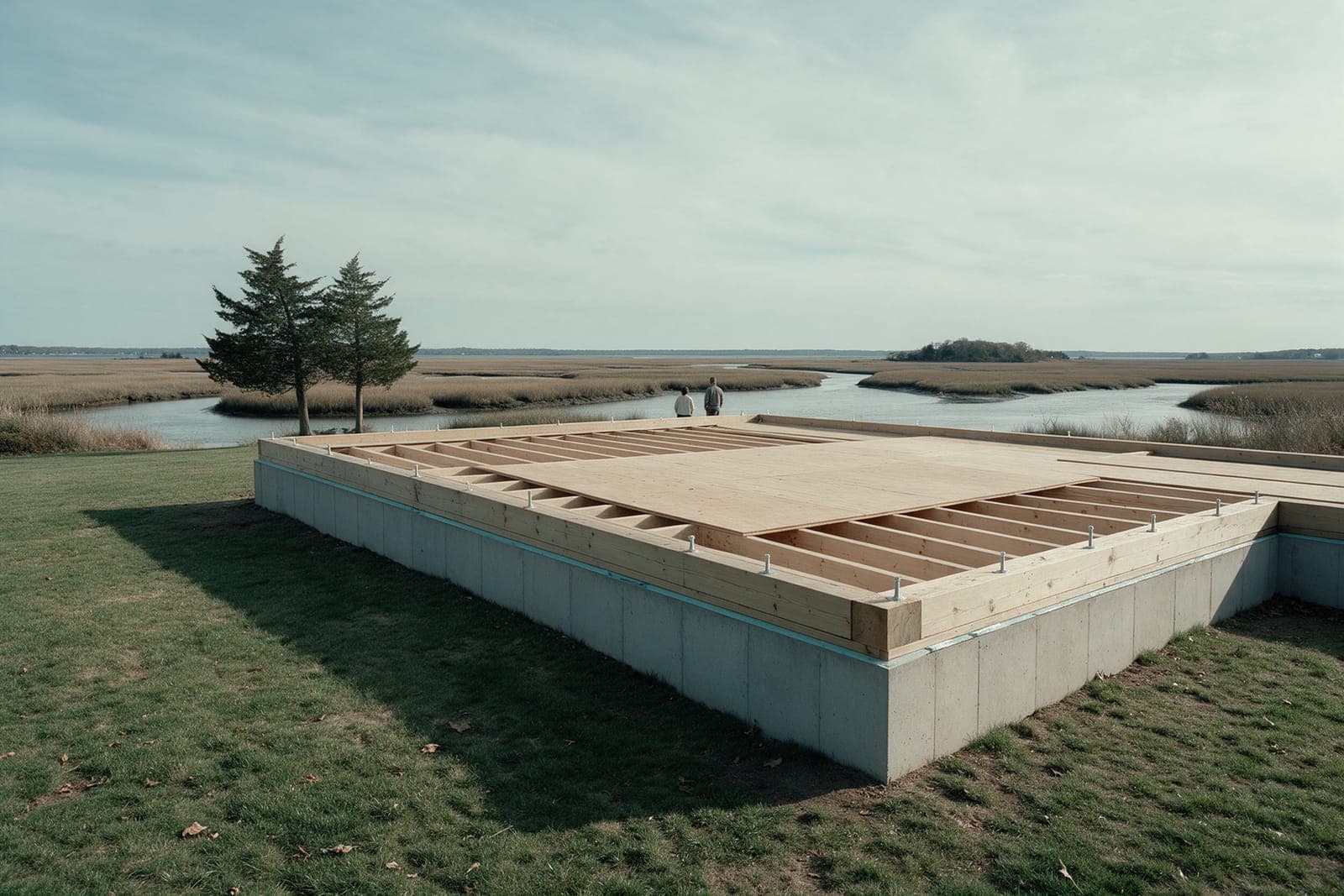 Creek House in week 13: the raised concrete foundation with its sill and floor joists, the deck half sheathed, two of the crew at the far edge, the marsh and the creek behind.