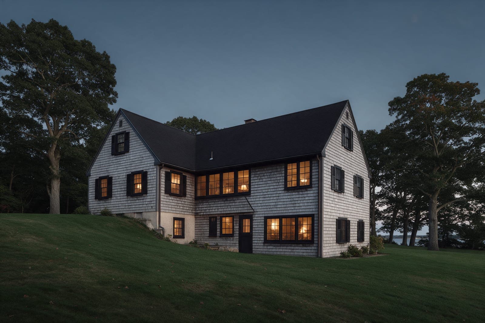 Harbor Hill Addition at blue hour from the bottom of the back lawn: the shingled house with its wing stepping down the slope on the right, windows lit, the harbor through the trees.