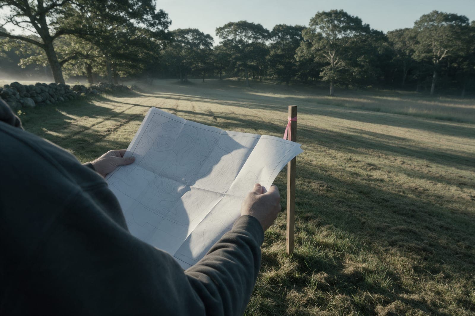 Hands holding a folded contour survey open at the corner of a meadow lot, beside a survey stake, oak woods beyond.