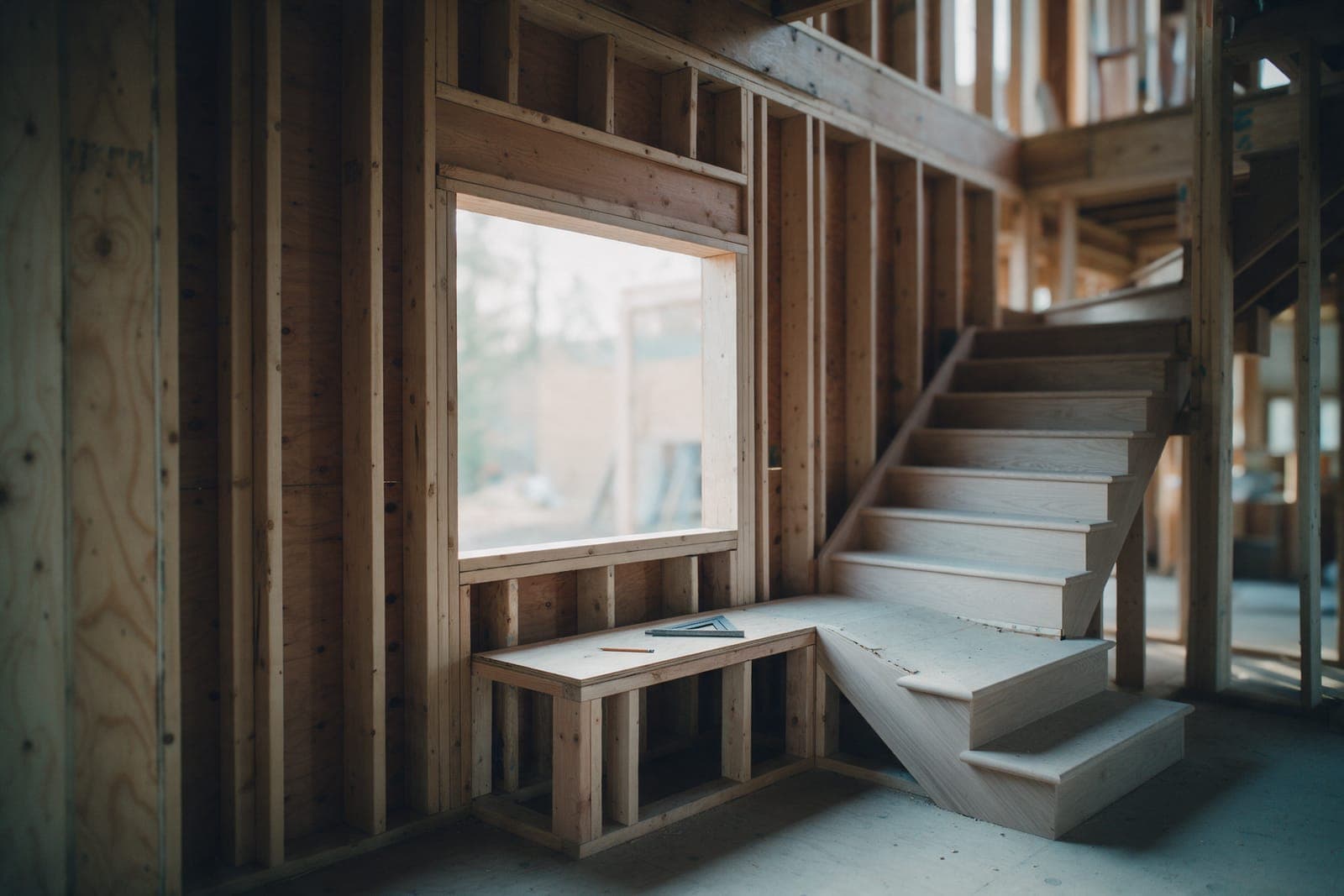 A stair landing in an open stud frame: a new rough opening for a window and the plain box frame of a window seat below it.