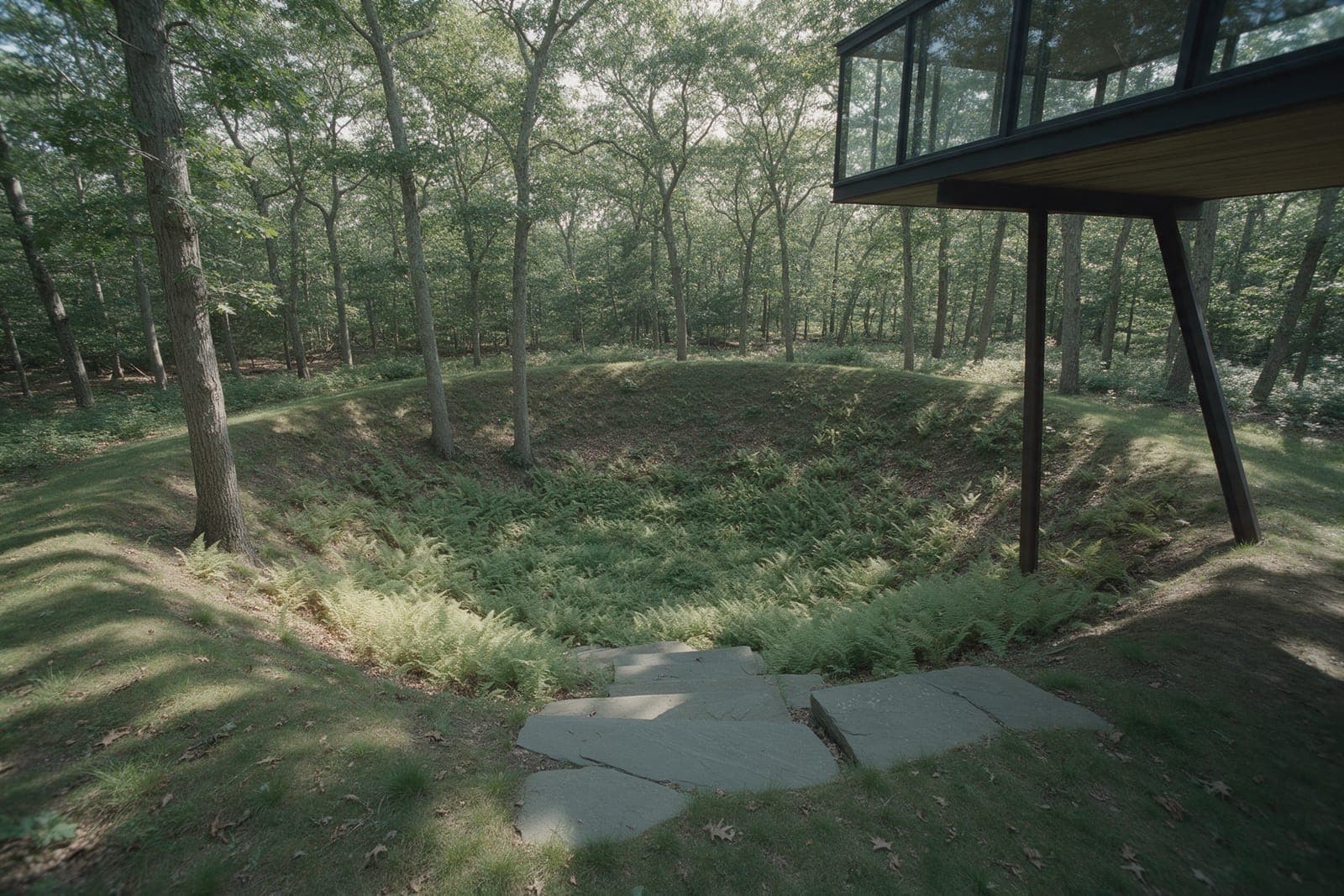 The kettle in July: a hollow of ferns in the oak woods, bluestone steps down into it and the glass end of the bridge room above.