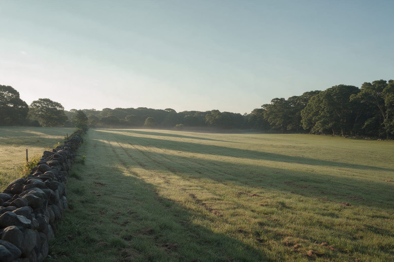 Harbor Hill Meadow in early light: a mown field, a dry-stone wall and oak woods beyond.