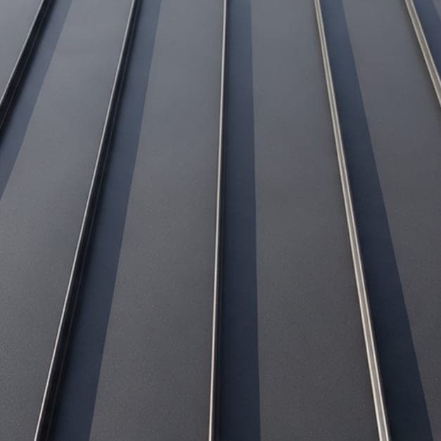 Charcoal standing-seam metal roofing.
