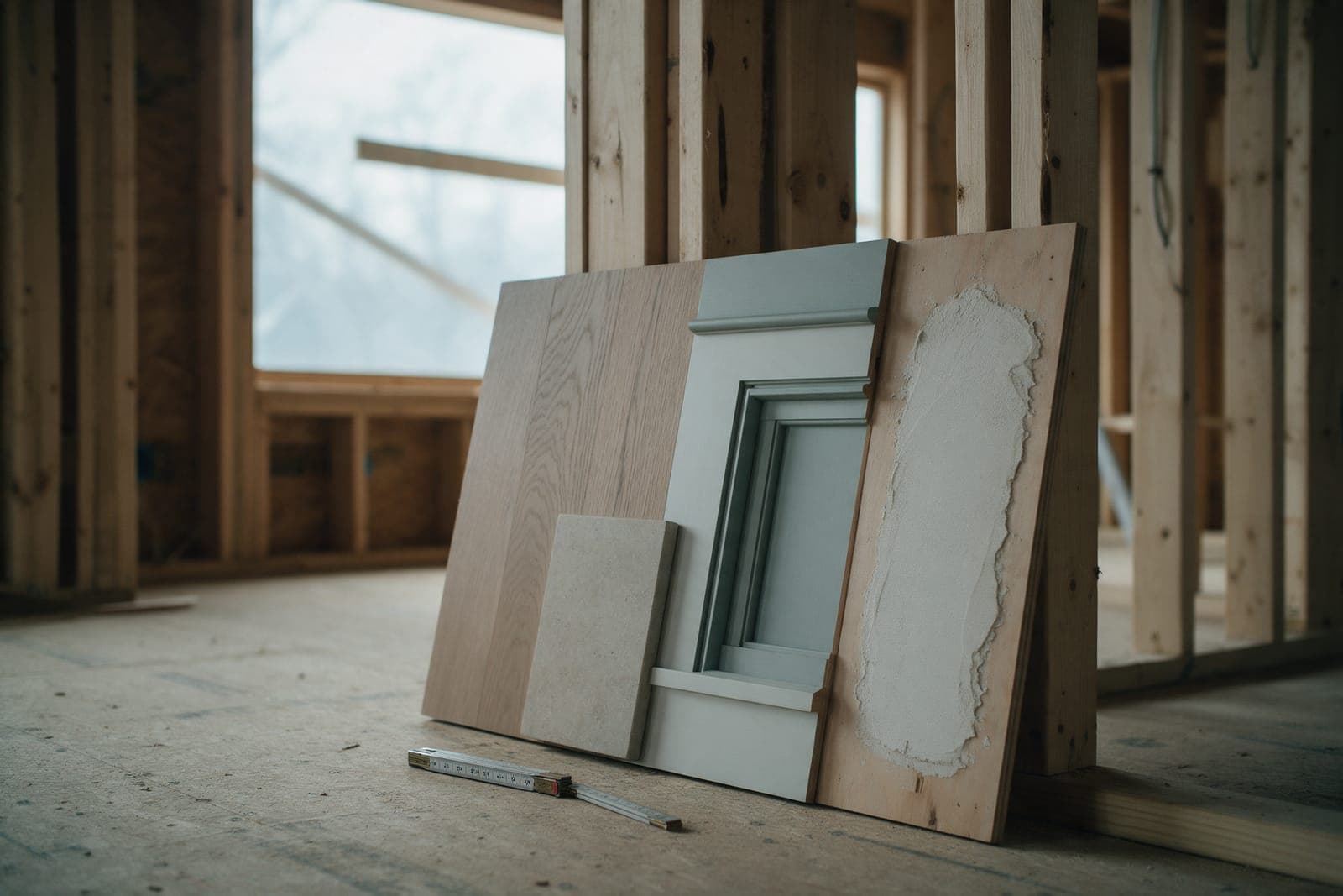 A full-size sample leaning against the studs of a framed house: white oak flooring, stone, a painted window casing and lime plaster on a board.