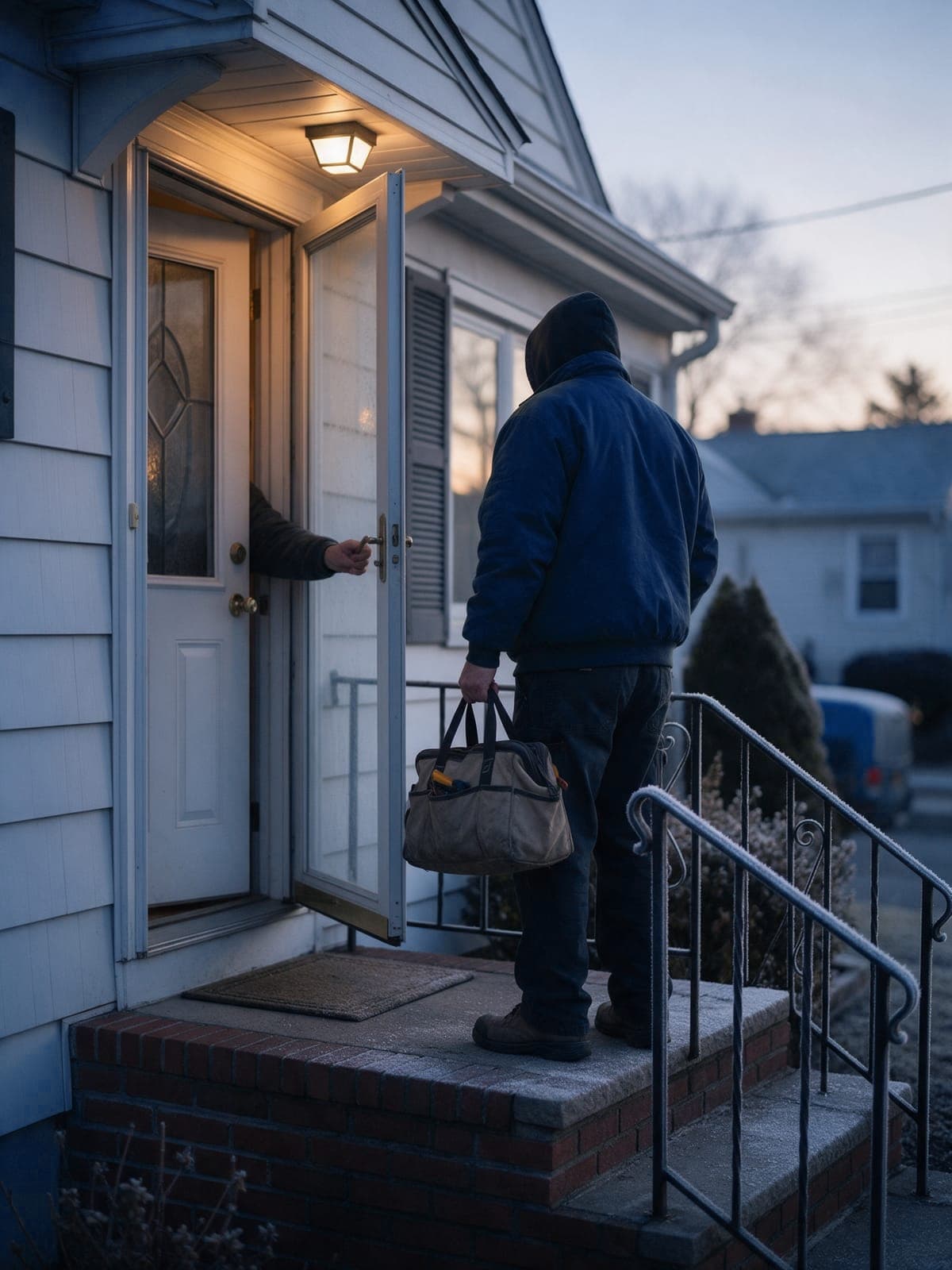 At first light a technician with a canvas tool bag waits on a frosty brick stoop as the homeowner opens the storm door