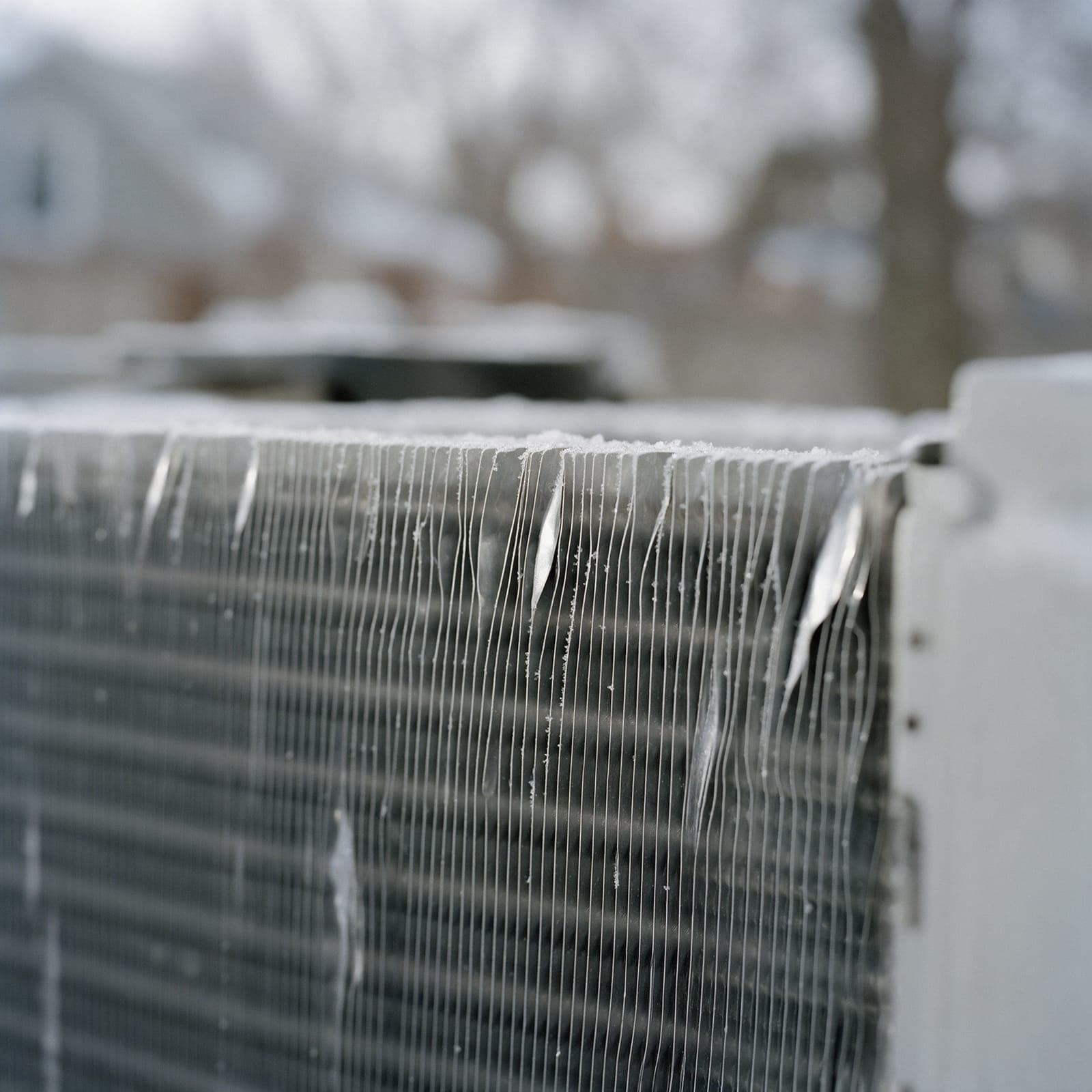 Close-up of light frost on the aluminum fins of a heat pump outdoor coil