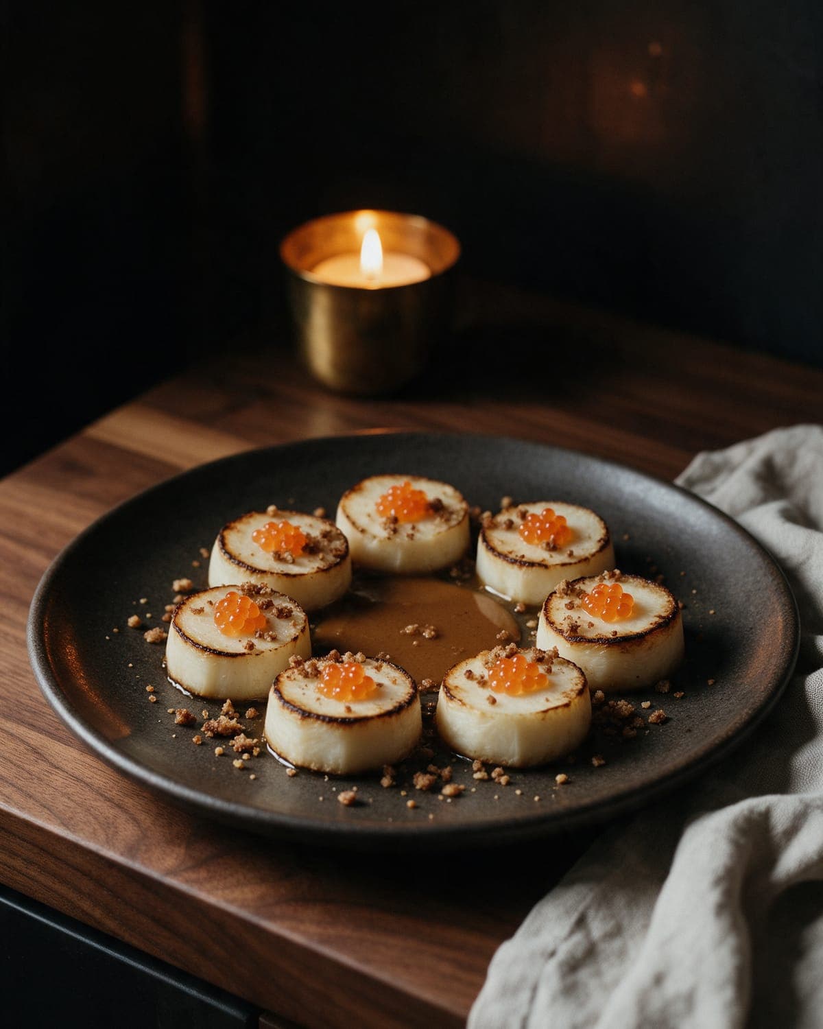 Rounds of ember-baked celeriac in a ring on dark stoneware, brown butter pooled in the middle, trout roe on each round.