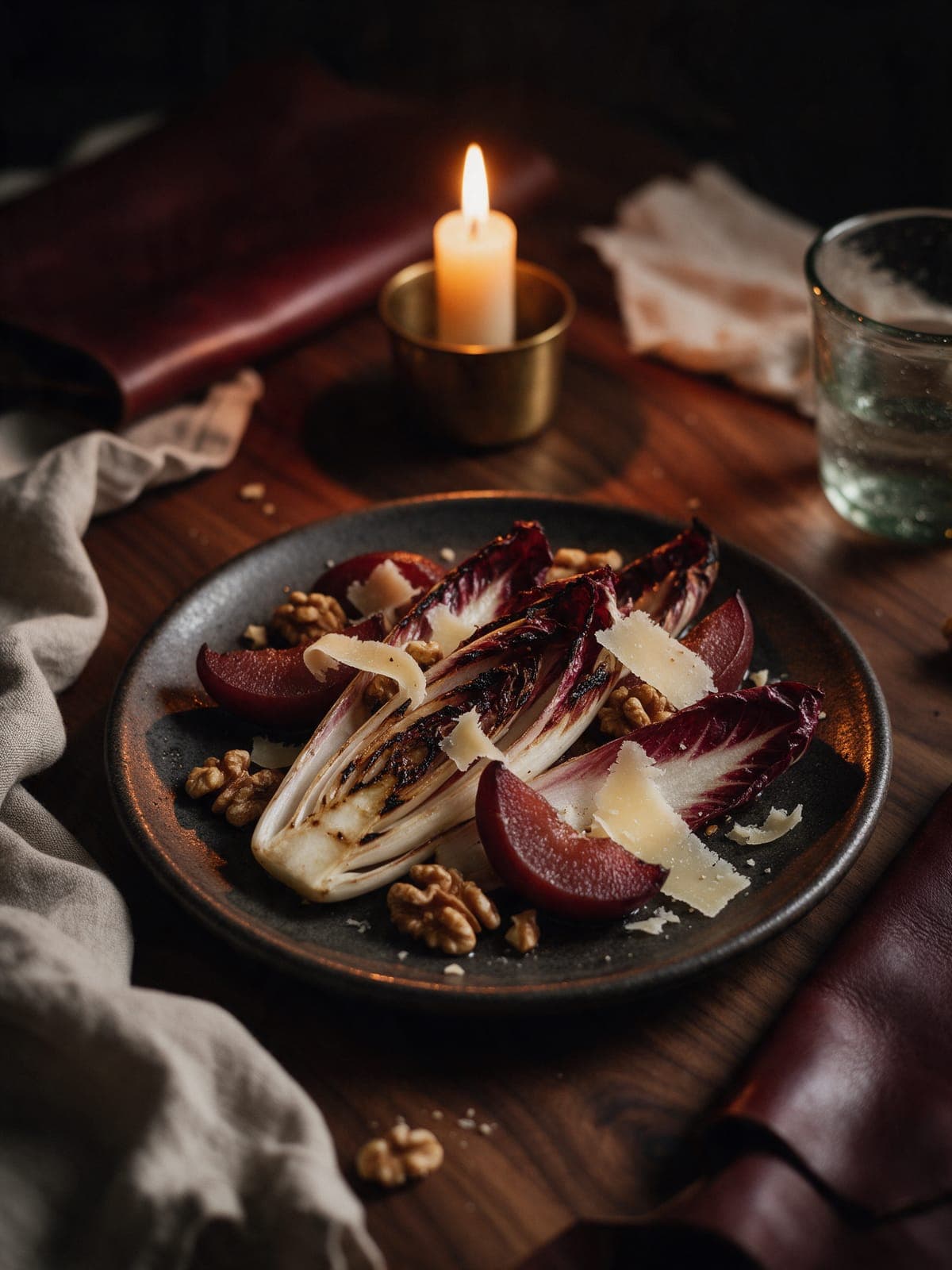 Grilled red and white chicory leaves with char marks, garnet slices of quince, walnut halves and curls of comté.
