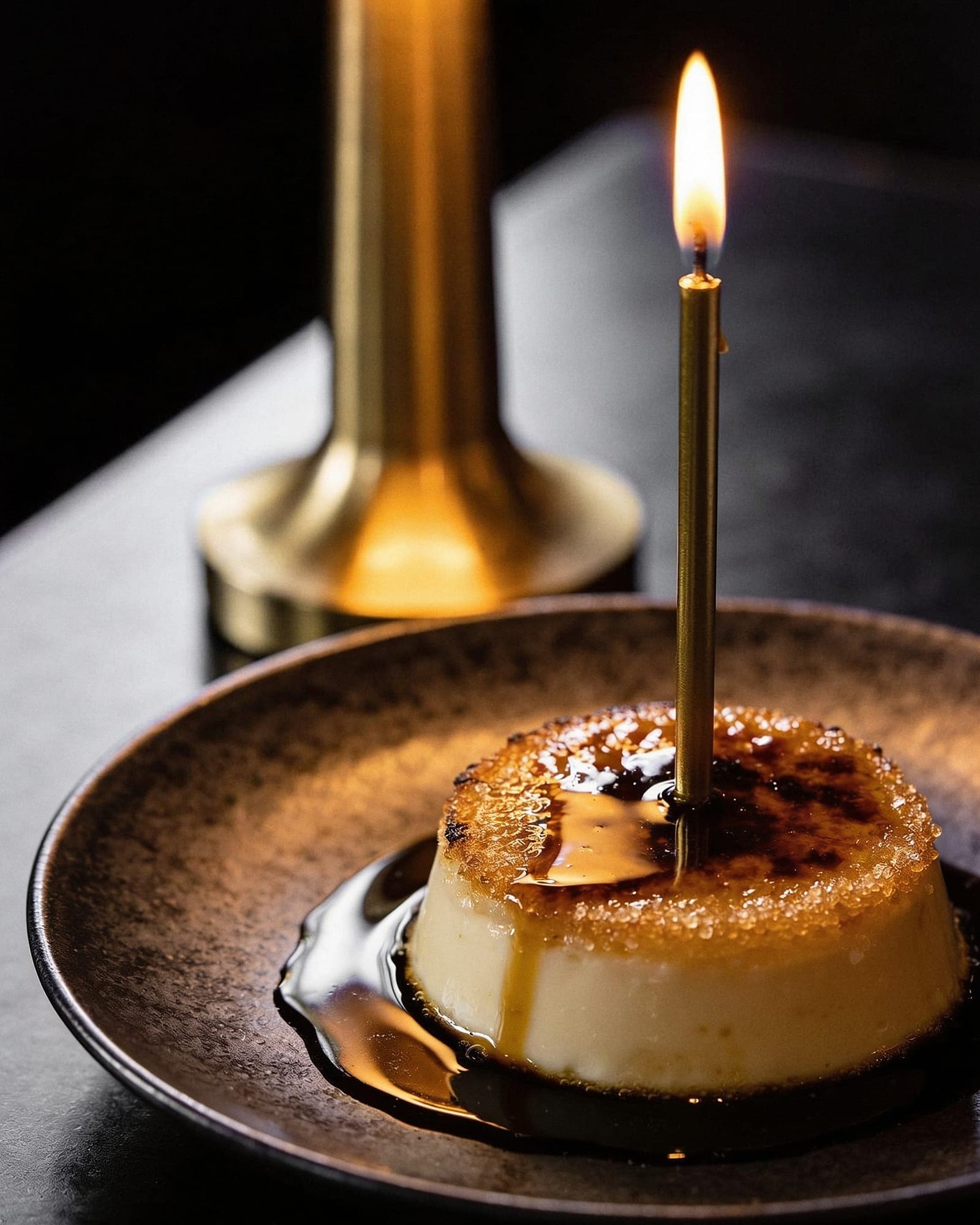 A burnt honey custard with a scorched top on dark stoneware, honey pooling around it, one thin candle lit in its center.