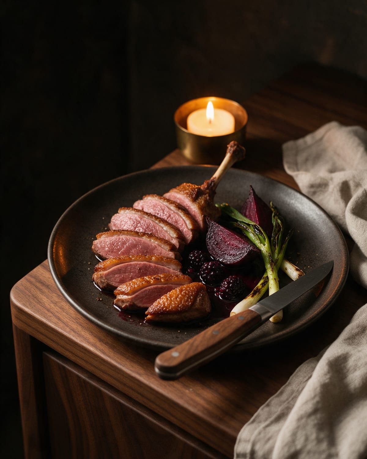 Slices of dry-aged duck on the bone with salt-baked beetroot, blackberries in dark jus and charred spring onions on dark stoneware.