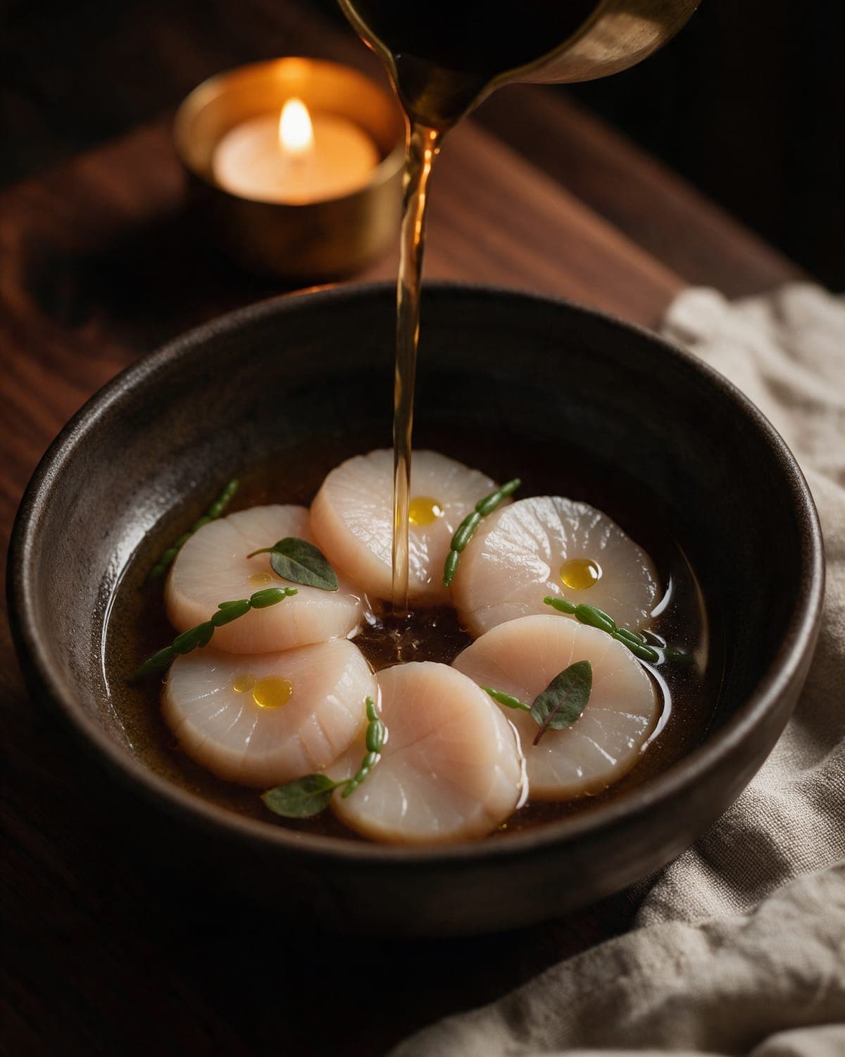 Thin translucent slices of raw sea scallop fanned in a dark stoneware bowl as smoked dashi is poured from a brass jug, sea beans, orach and drops of bergamot oil, a candle behind.