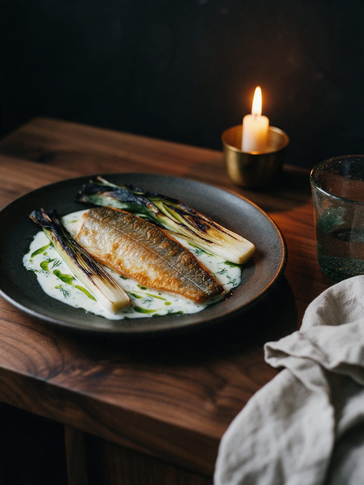 A trout fillet with blistered skin on dark stoneware, charred leeks peeled to their pale centers, dill oil pooled in split buttermilk.