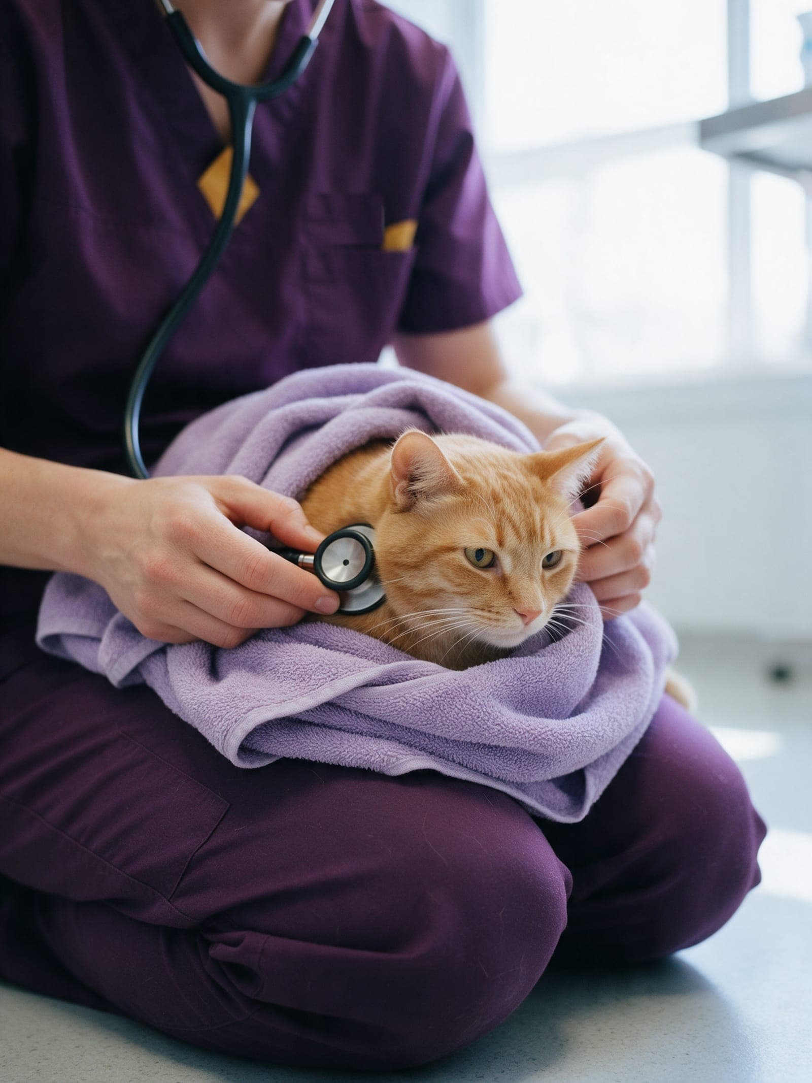 A ginger cat wrapped in a towel while a vet listens with a stethoscope.