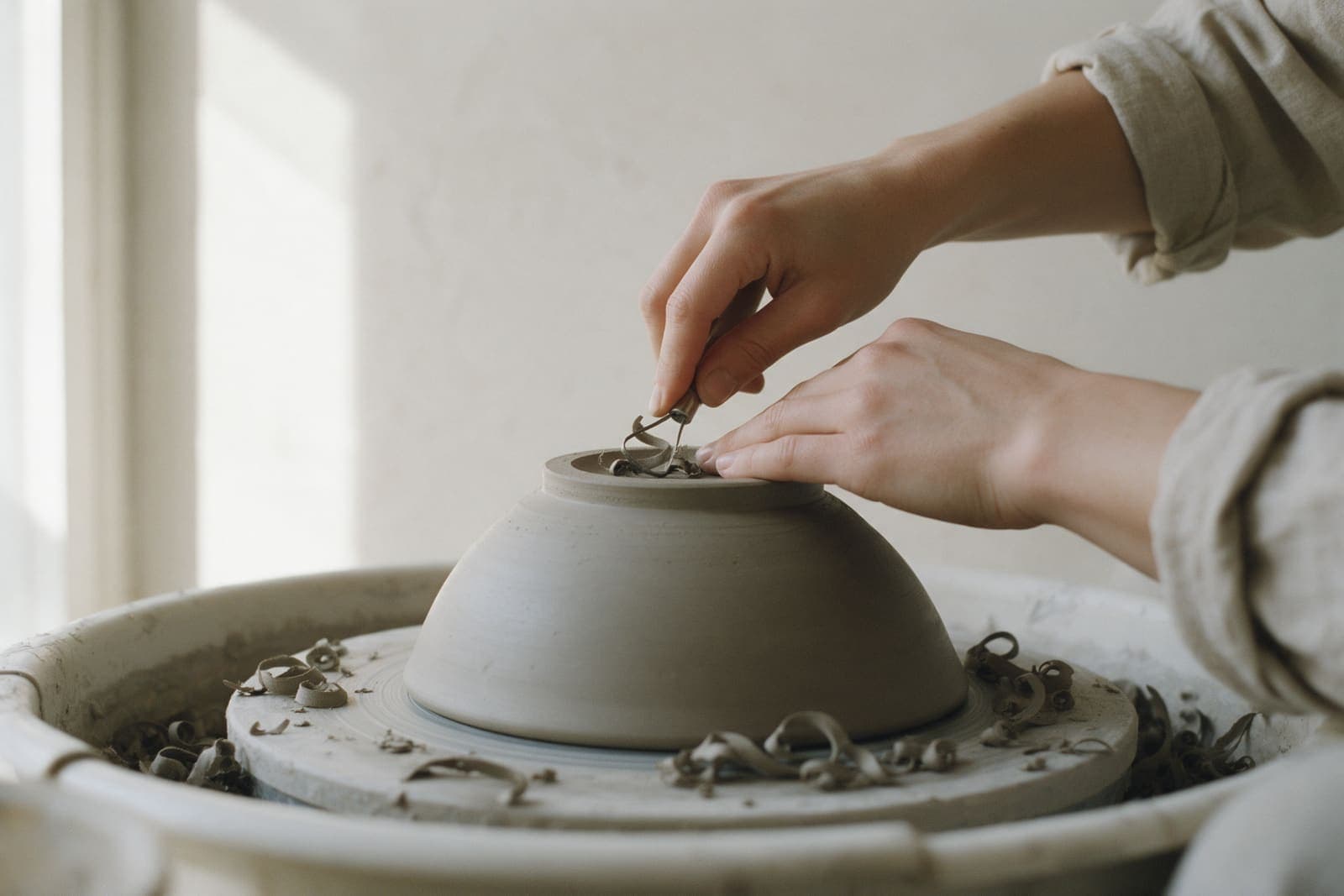 Trimming the foot of a leather-hard pot
