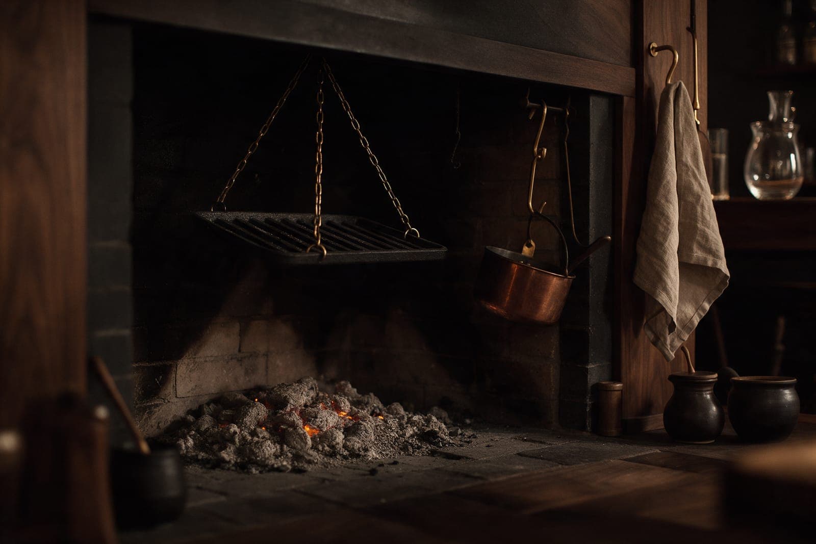 The hearth at the end of the night, embers banked under gray ash, the empty grate raised on its chain.