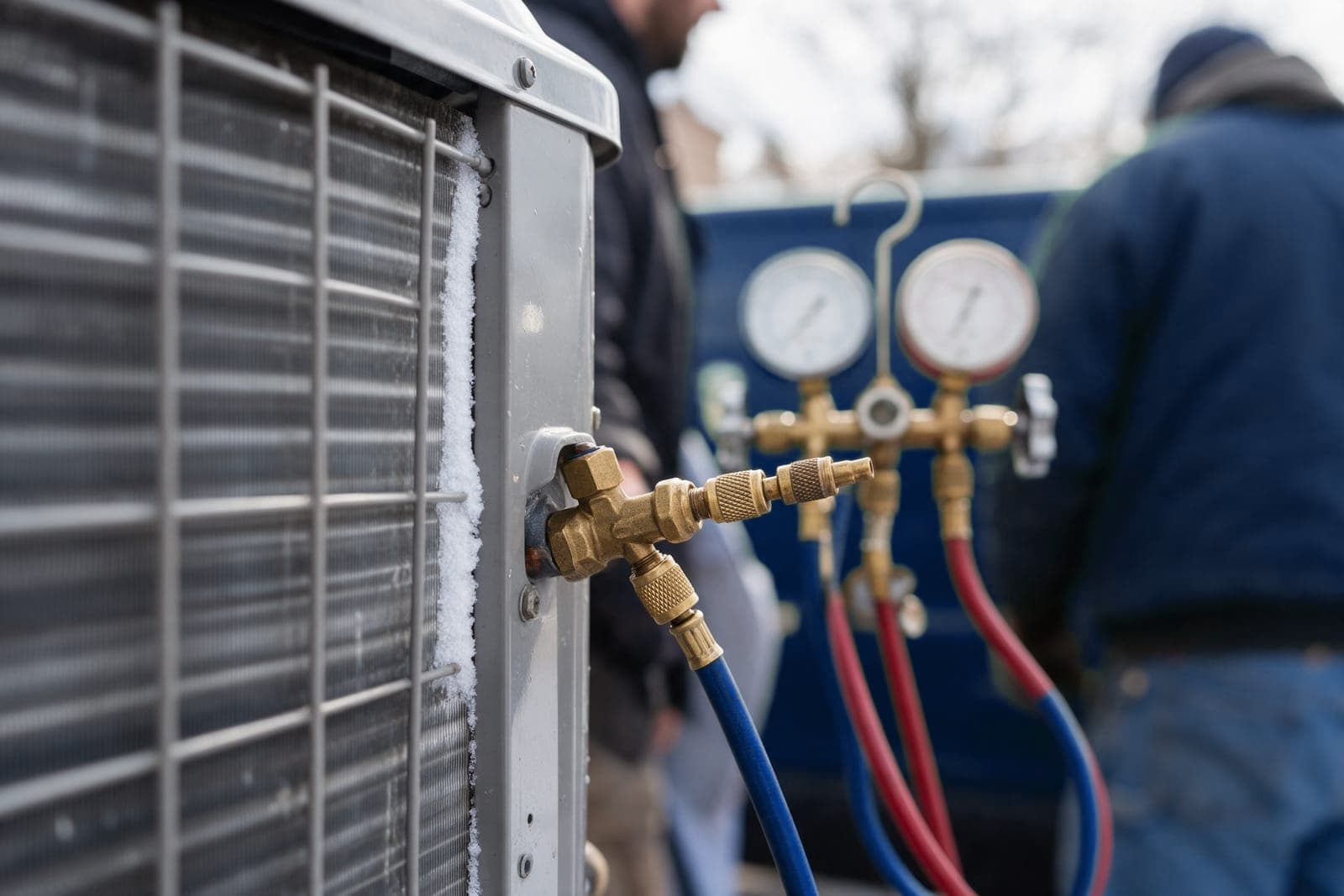 Refrigerant gauge hoses coupled to the brass service port of a frosted outdoor unit