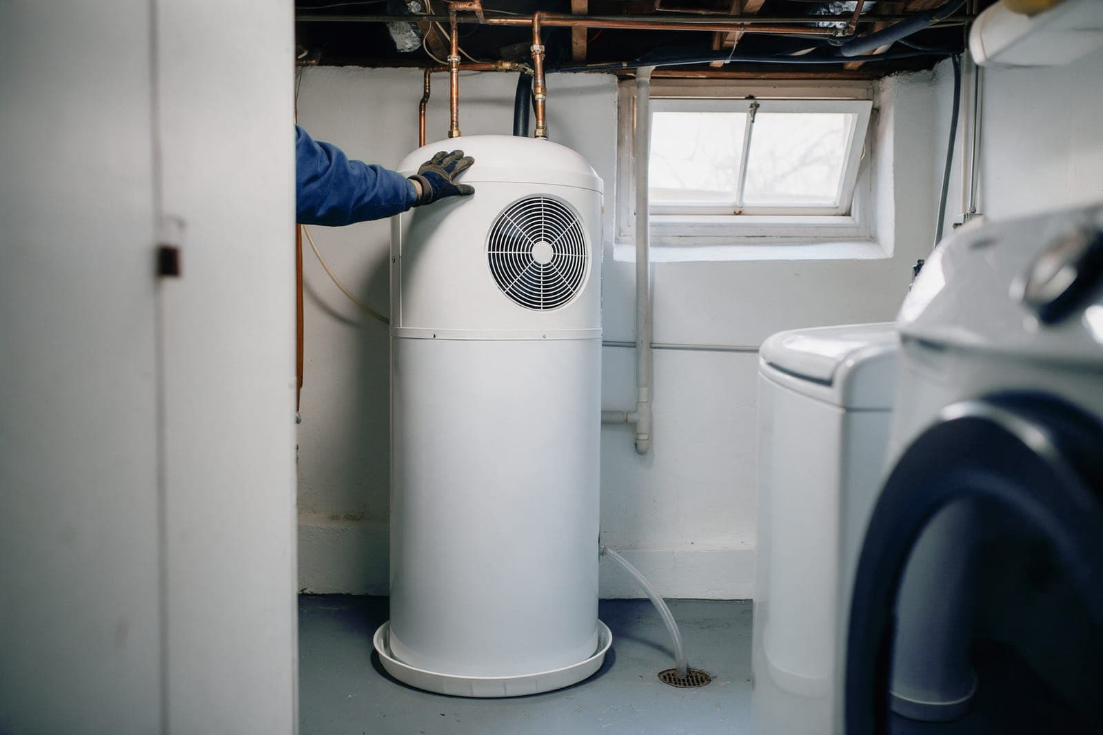 A gloved hand rests on a white heat pump water heater with a round fan grille, beside the washer in a basement laundry corner