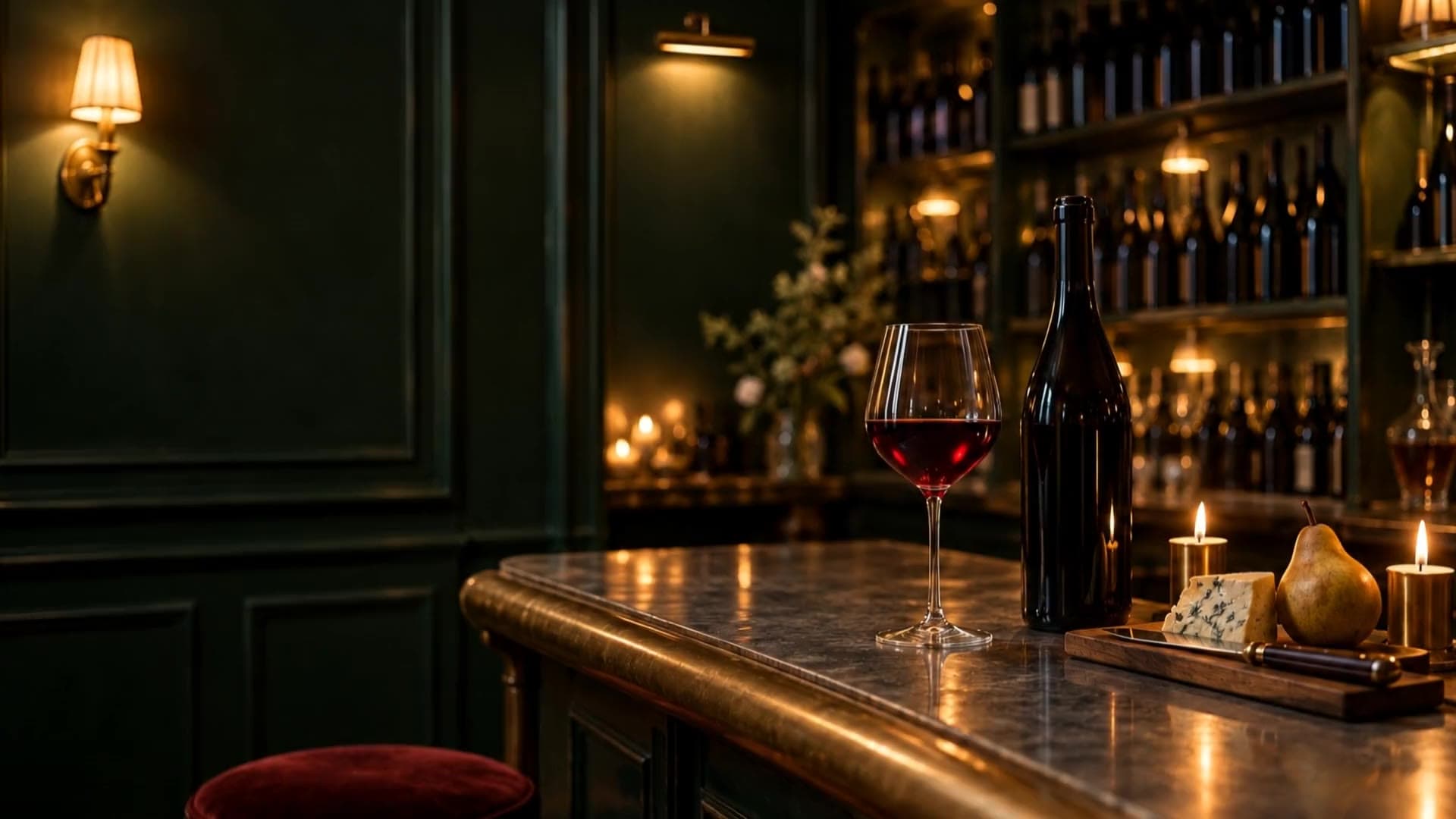A green paneled bar at night, a glass of red wine, candles, a pendulum clock behind.