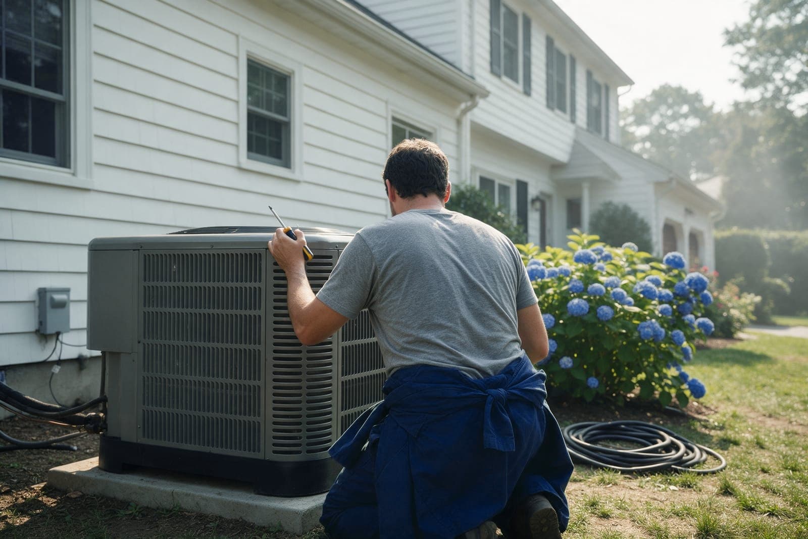 Technician kneels at a heat pump on a concrete pad beside a white colonial with blue hydrangeas