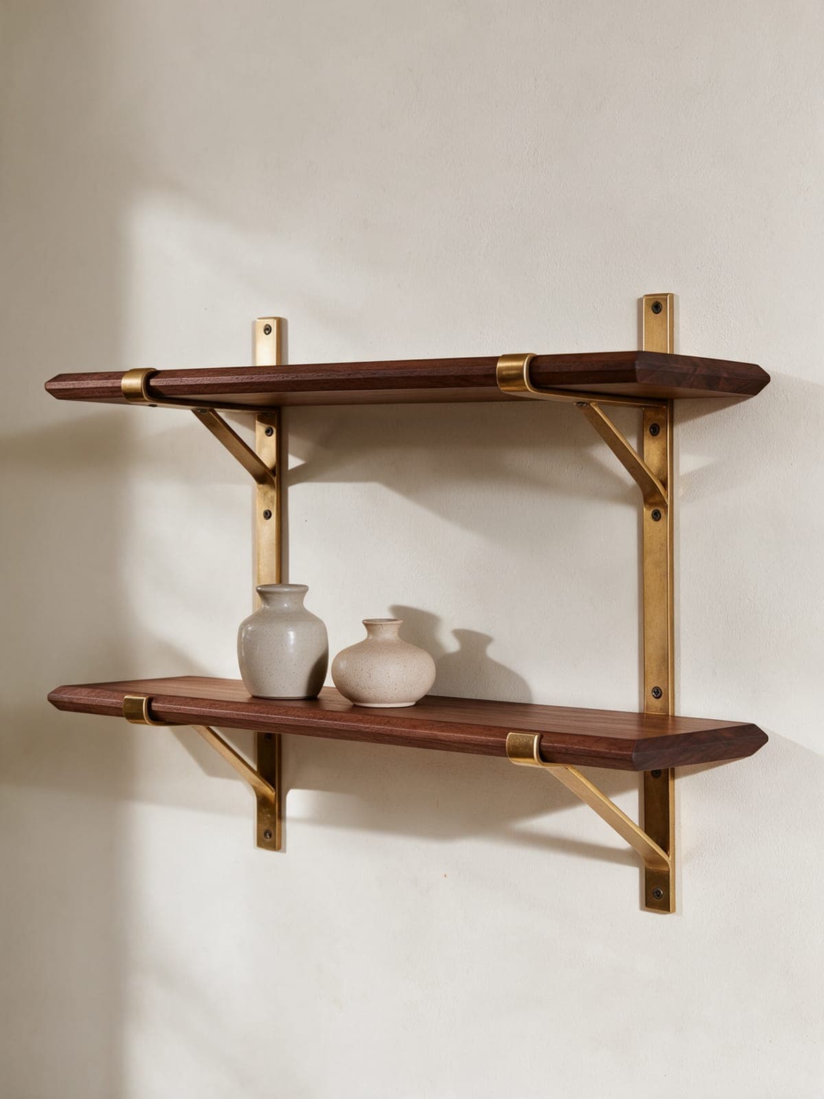 Wall Shelf / Walnut boards / solid brass standards