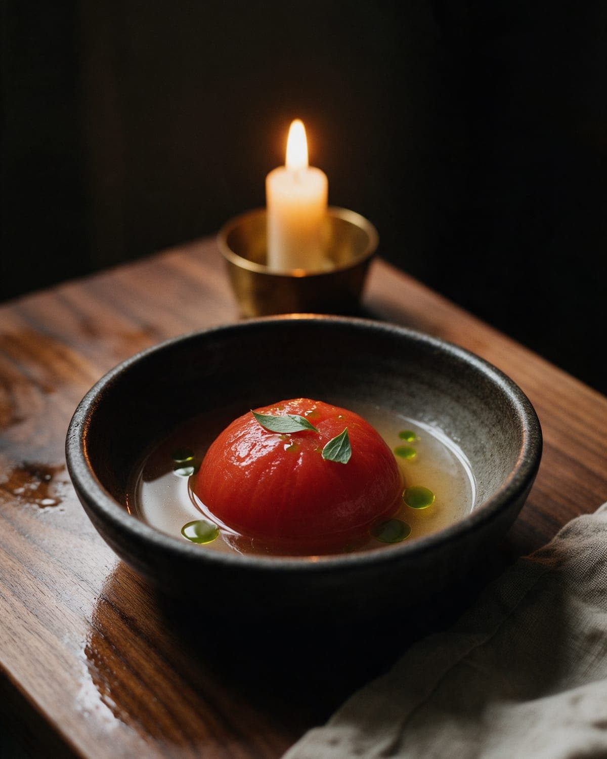 A peeled whole tomato in cold tomato water with drops of lovage oil, in a dark stoneware bowl.