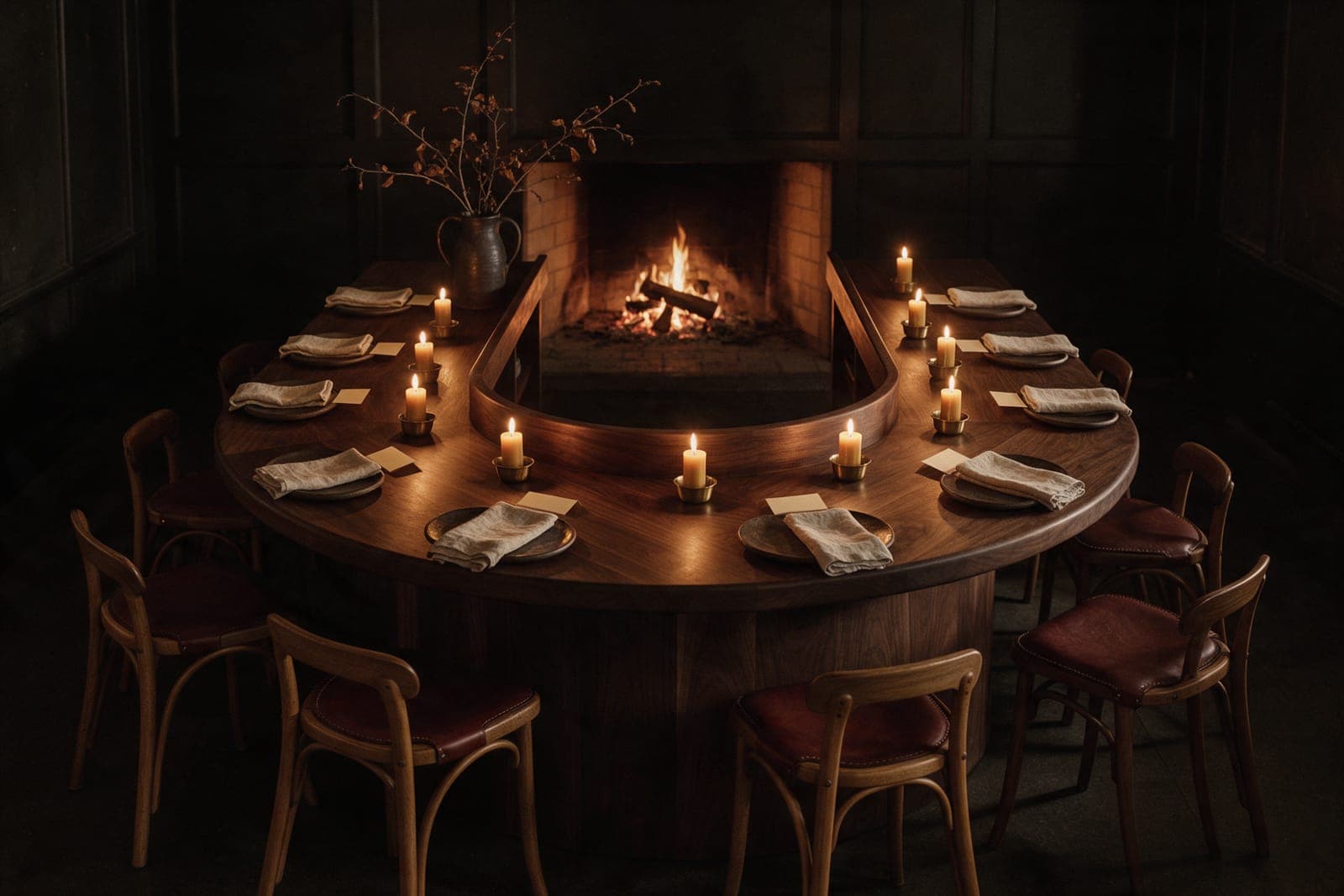 The whole horseshoe counter set for a private party of twelve, branches in a stoneware jug at the curve, the hearth glowing at the open end.