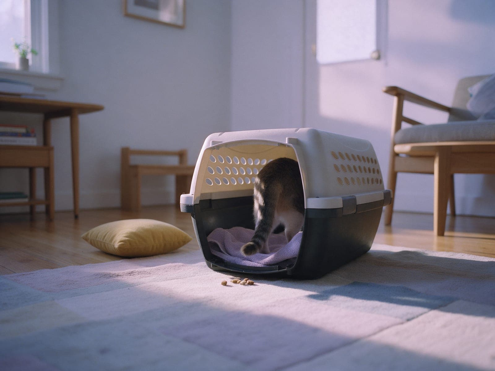 A carrier left open at home with a towel inside, a cat stepping in.