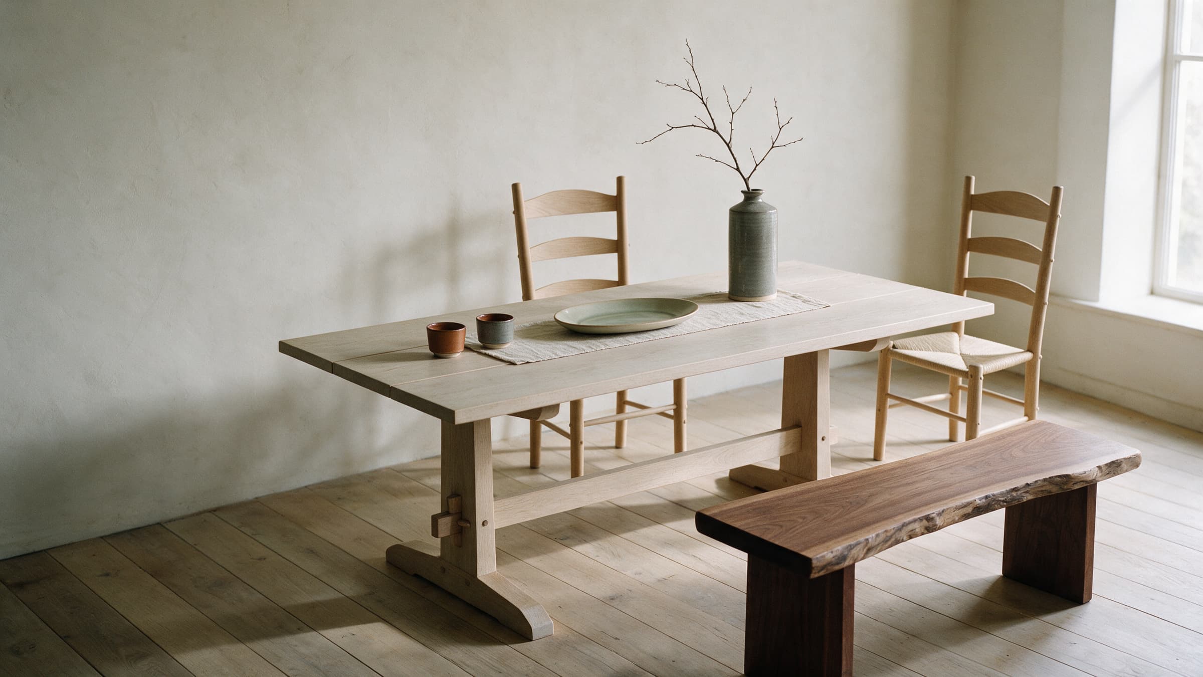 The dining room set: a white oak trestle table, two cord chairs, a walnut bench