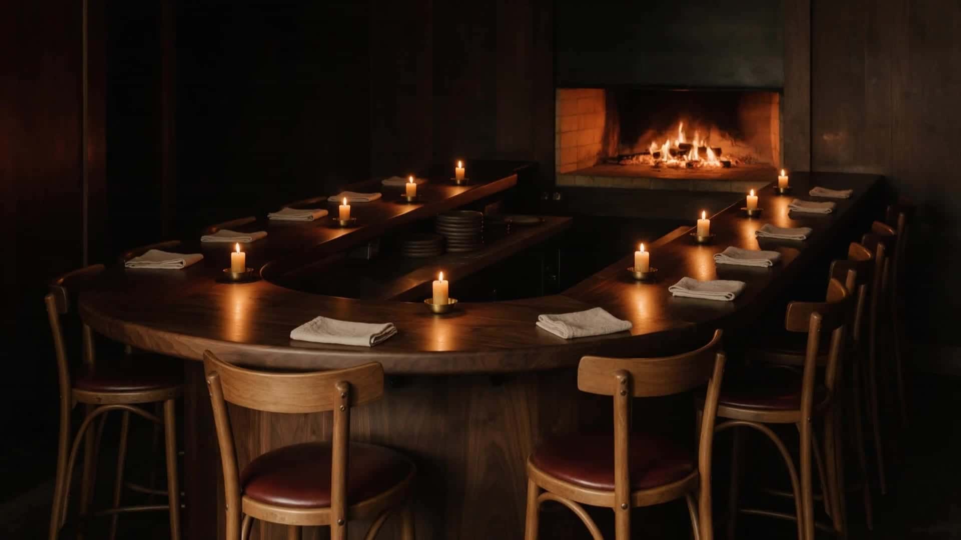 The horseshoe counter of oiled walnut by candlelight, a napkin and a candle at every place, the wood hearth burning at the far end.