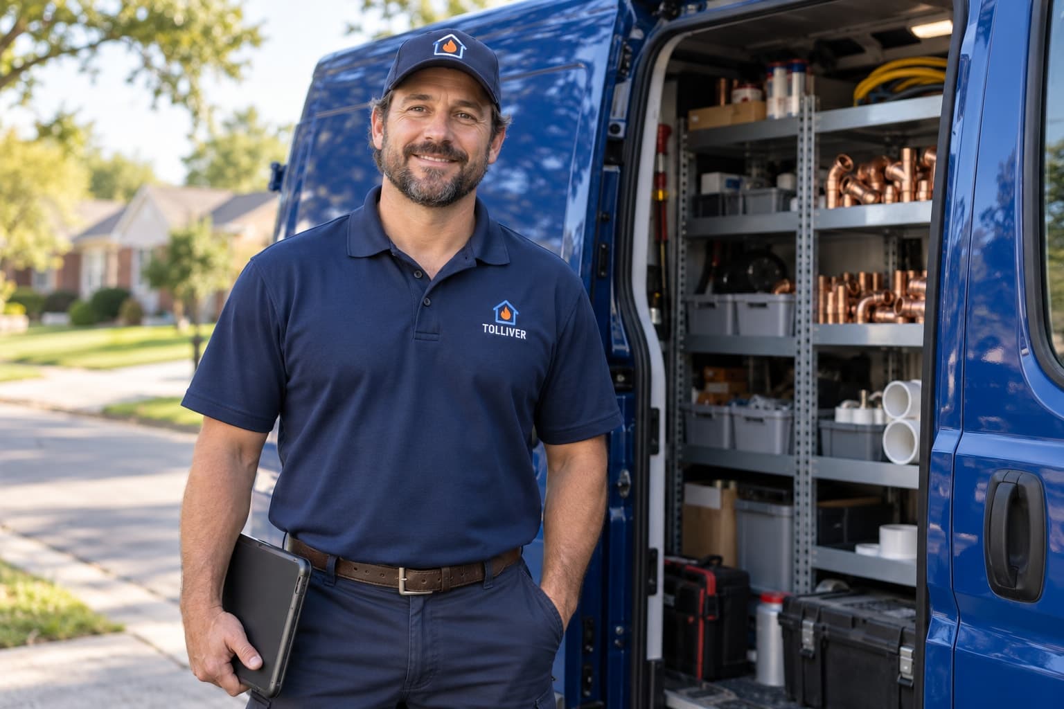 A Tolliver technician in a navy work polo stands beside the open door of a blue service van