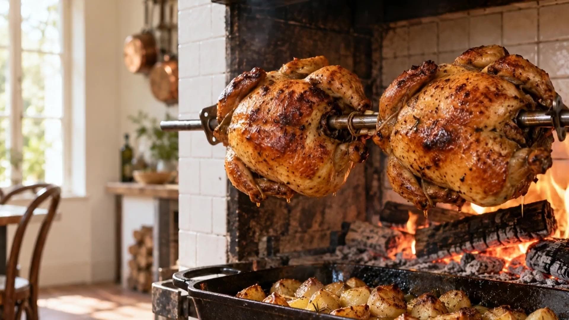 A daylit room with a wall rotisserie, chickens turning over the fire.