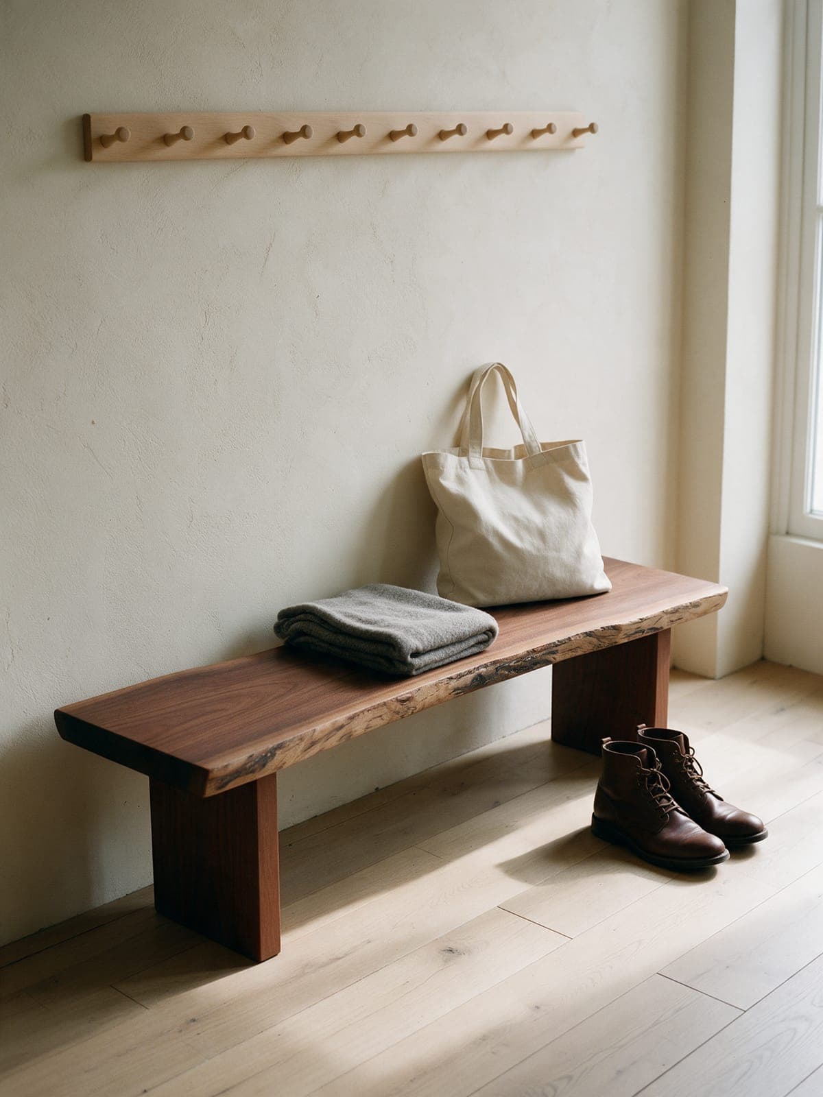 The Long Bench in a front hall under a row of pegs, a tote and a blanket on it
