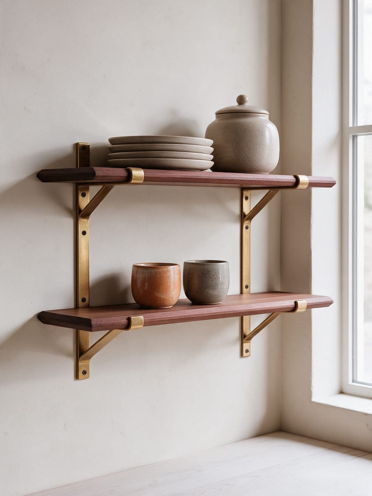 The Wall Shelf in a kitchen holding plates, a lidded jar and two cups