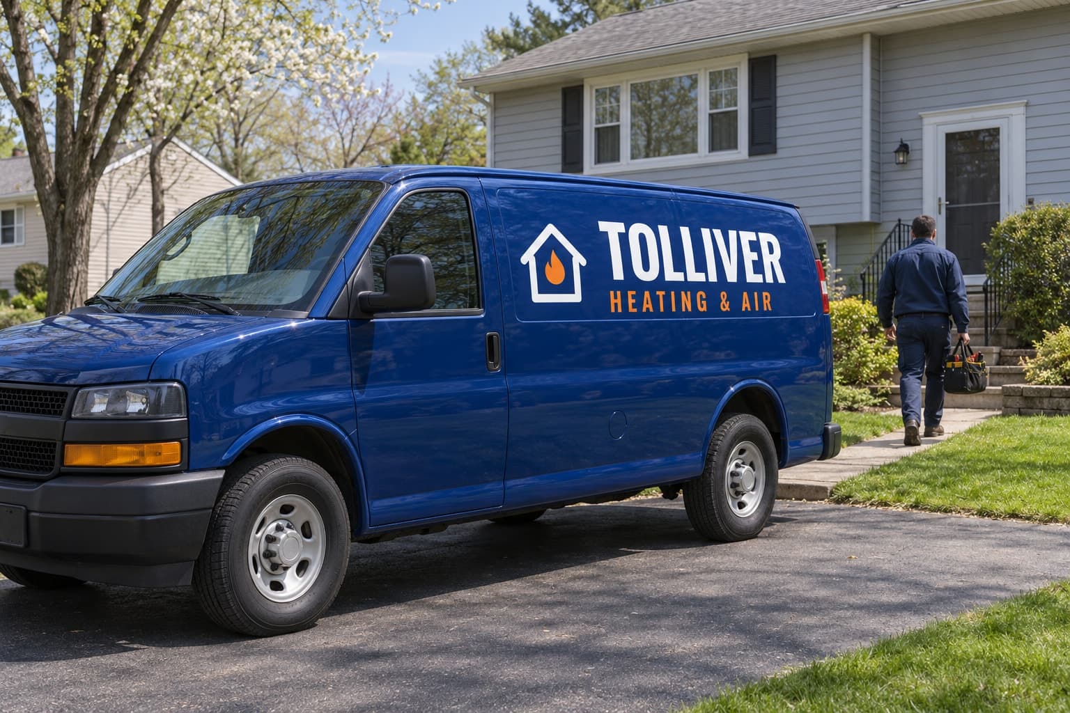 A blue Tolliver Heating & Air van in a driveway as a technician walks up the path to the front door with a tool bag