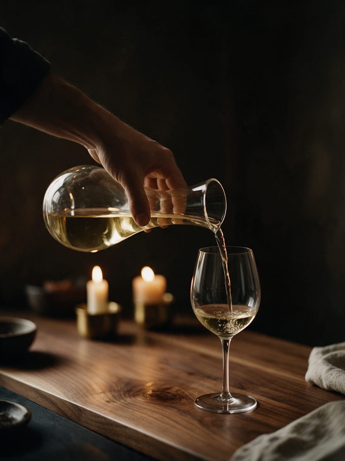 A hand pouring pale gold wine from a glass decanter into a thin glass on the walnut counter, candles behind.