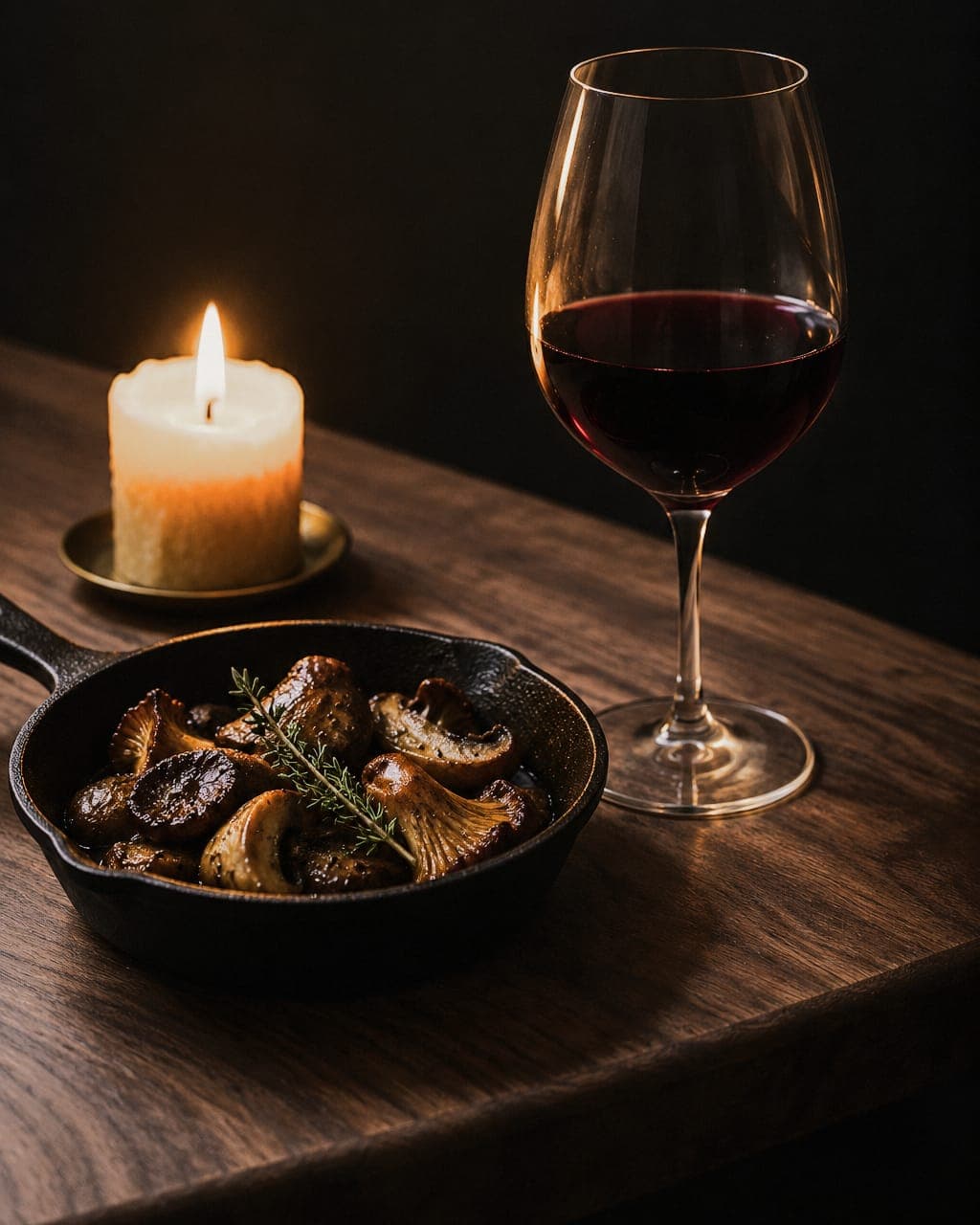 A glass of garnet Cabernet Franc beside a small cast-iron pan of roasted wild mushrooms and thyme, a beeswax pillar candle behind.