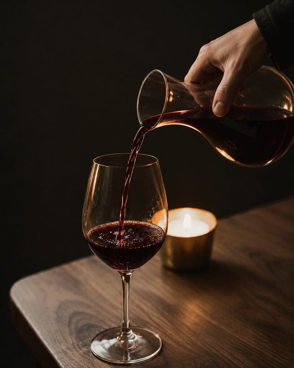 A hand pouring deep garnet wine from a wide decanter into a large glass on the walnut counter, one candle in a brass cup beside it.