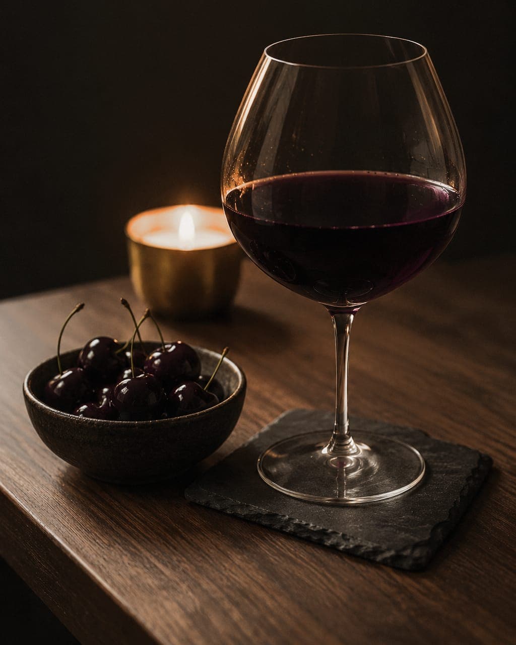 A large balloon glass of inky purple Mencía on a slate coaster beside a small bowl of black cherries, a candle in a brass cup behind.