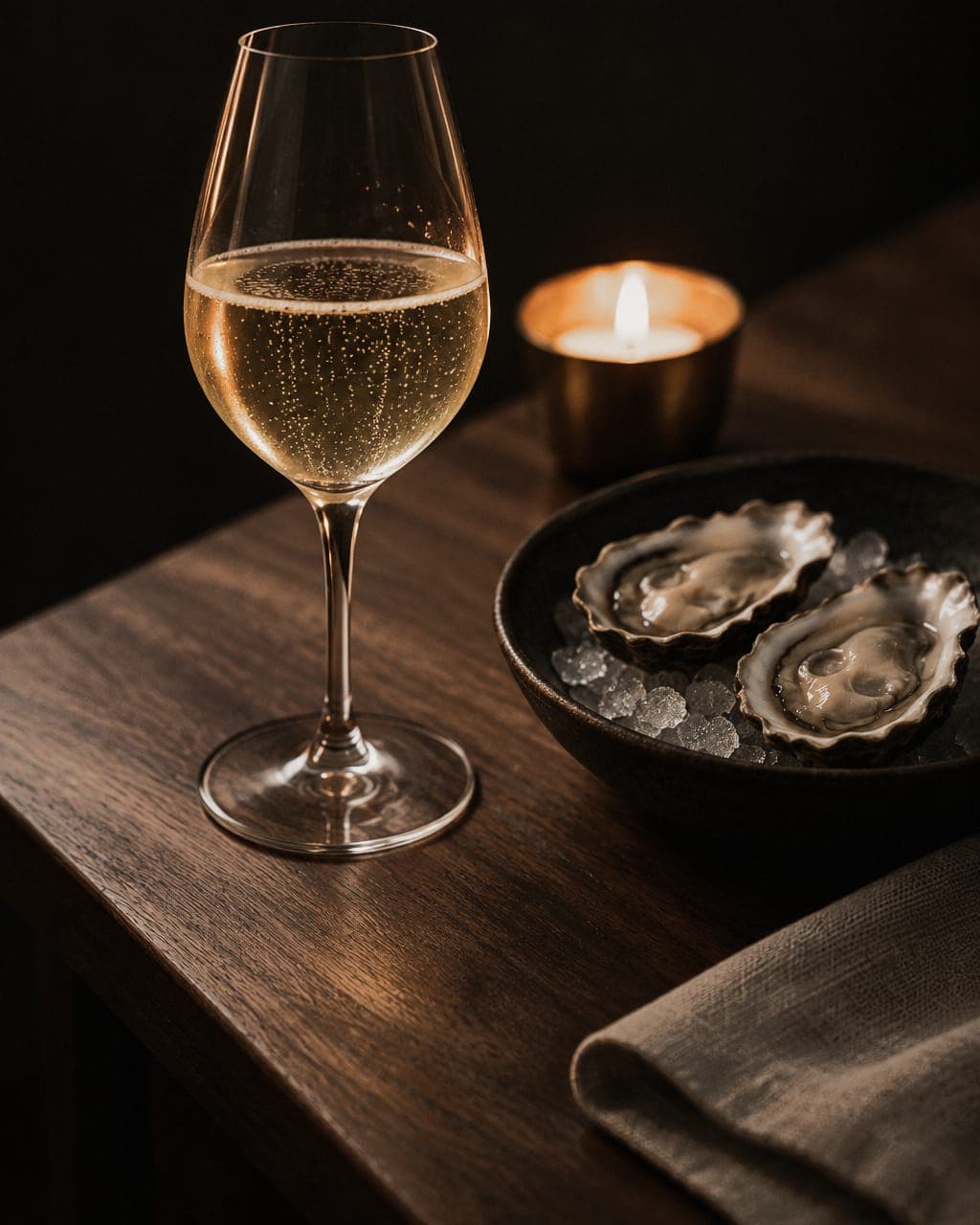 A tulip-shaped glass of pale Extra Brut with a fine rising bead, beside two raw oysters on crushed ice in a dark stoneware dish.