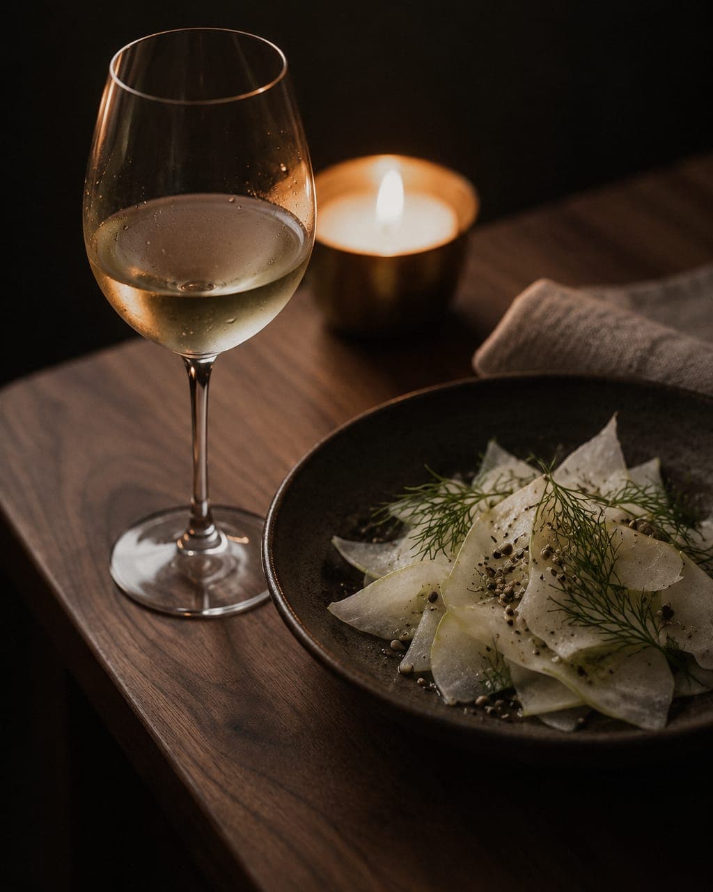 A glass of pale green-gold Grüner Veltliner beside a dark stoneware plate of shaved raw kohlrabi with dill and cracked white pepper.