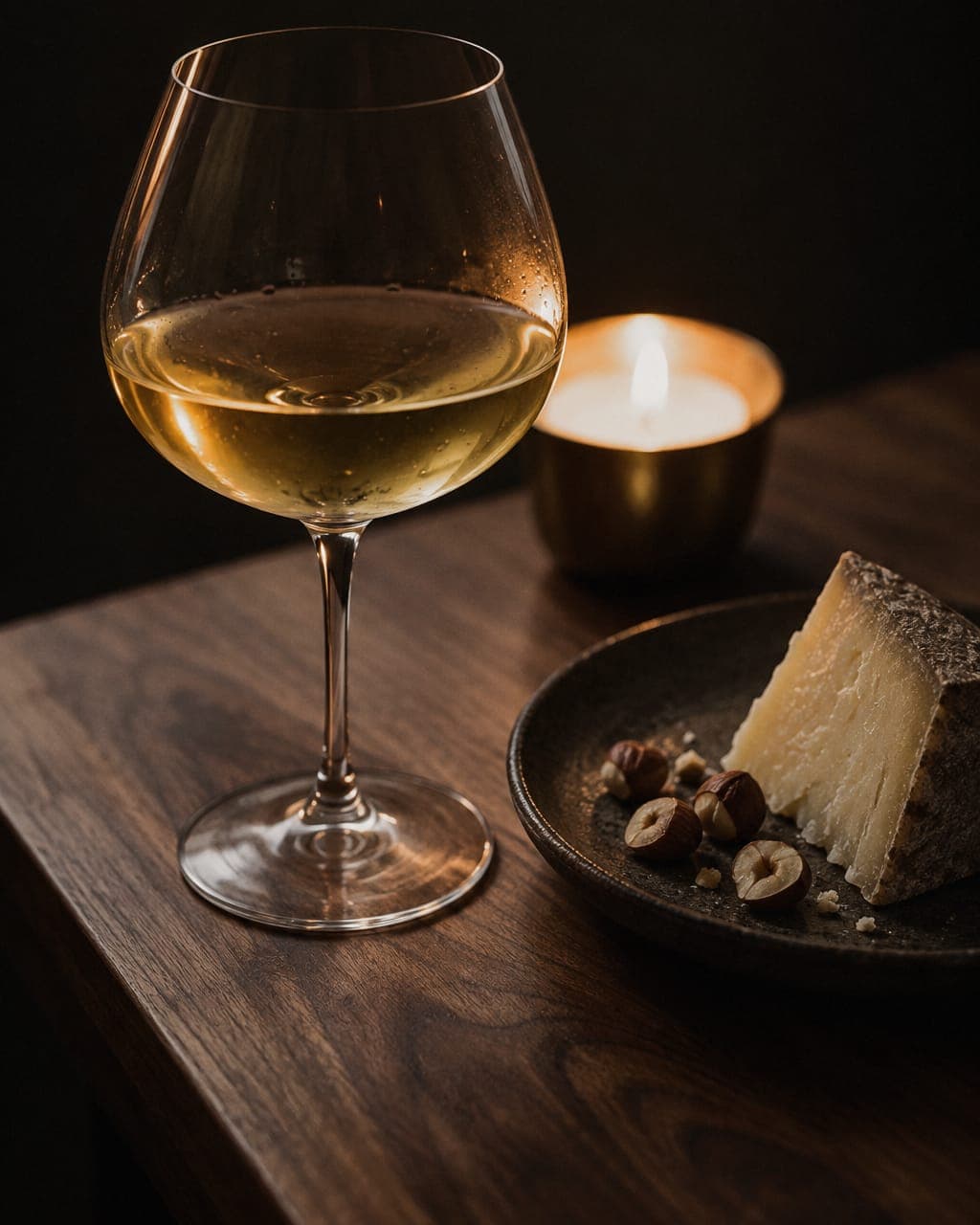 A wide-bowled glass of deep golden Savagnin beside a wedge of aged mountain cheese and a few toasted hazelnuts on dark stoneware.