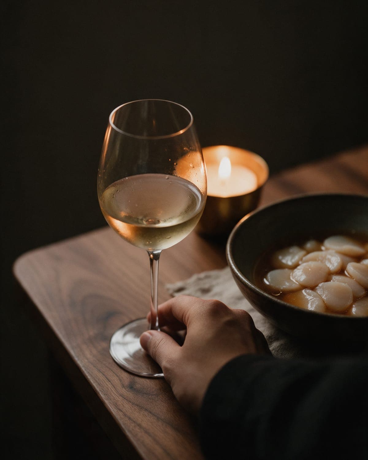 A hand setting down a glass of pale white wine beside a bowl of raw scallop in amber broth.