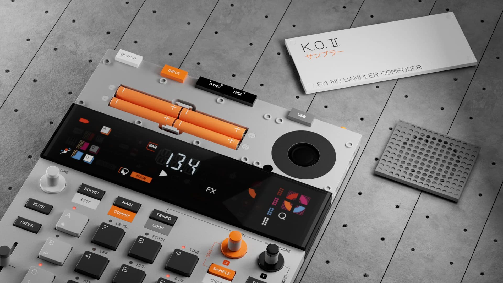 CG study of the K.O. II sampler with its top panel off, showing orange batteries and a display reading 13.4, beside a white K.O. II panel and a perforated grille on concrete.