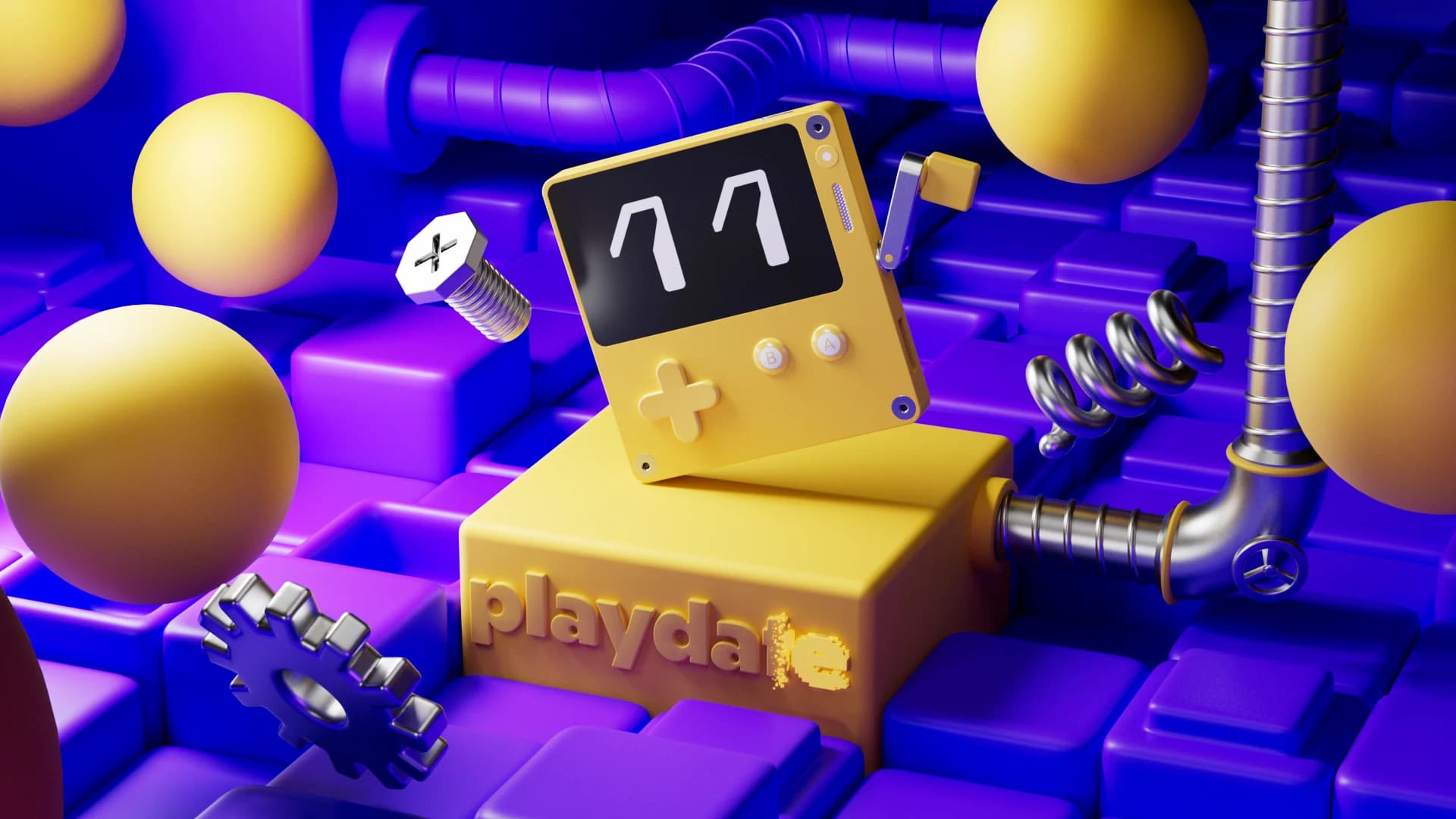 CG study of the yellow Playdate handheld console on a yellow block among purple tiles, pipes, springs and yellow spheres.