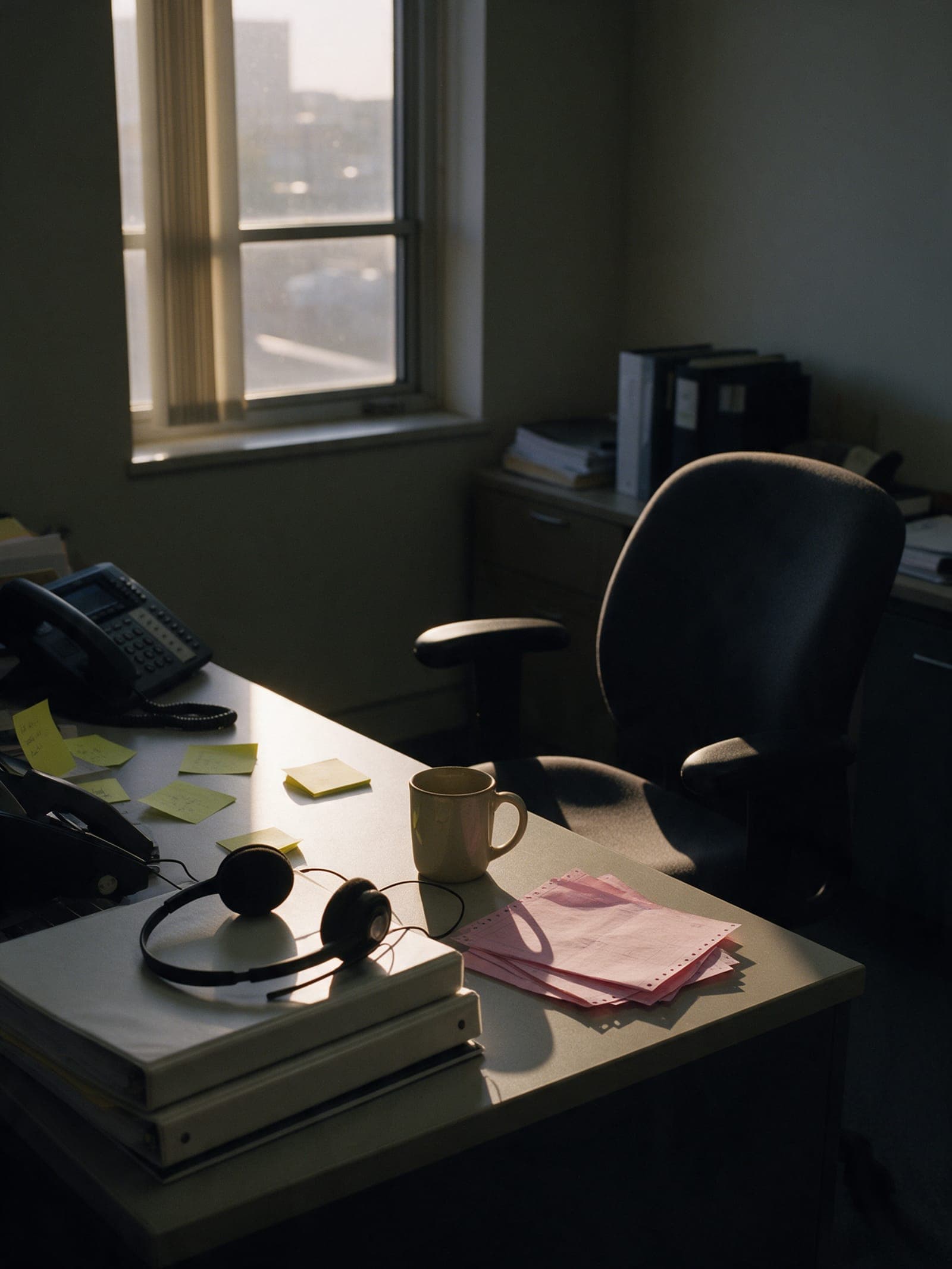 A support desk at dawn with a headset on a stack of binders.